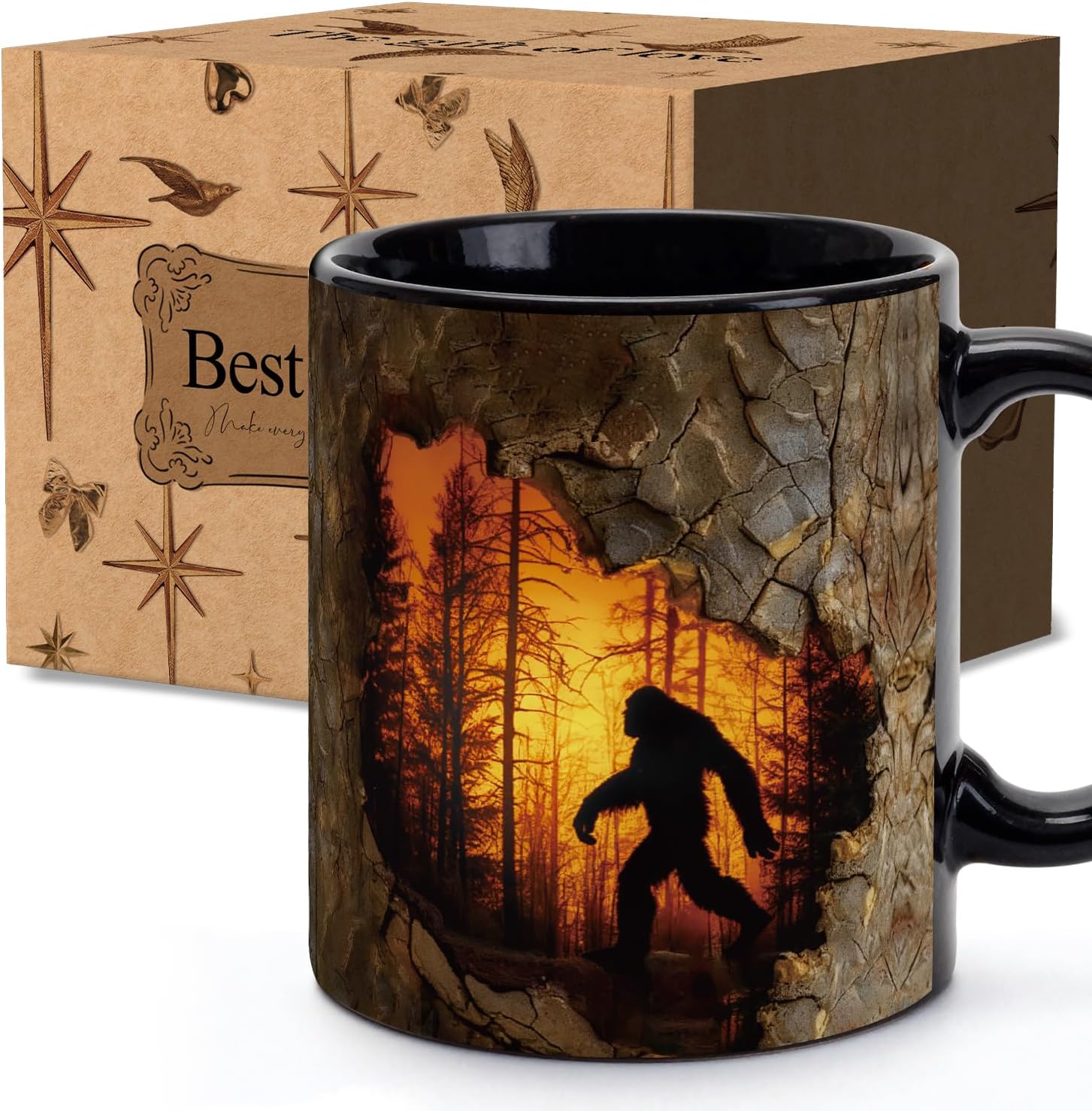 Bigfoot Forest Fire Coffee Mug for Men Dad Uncle Papa Brothers, Sasquatch Gifts for Camping Hiking Lovers, Vintage big foot mug with 3D Relief Pattern for Nature Enthusiasts