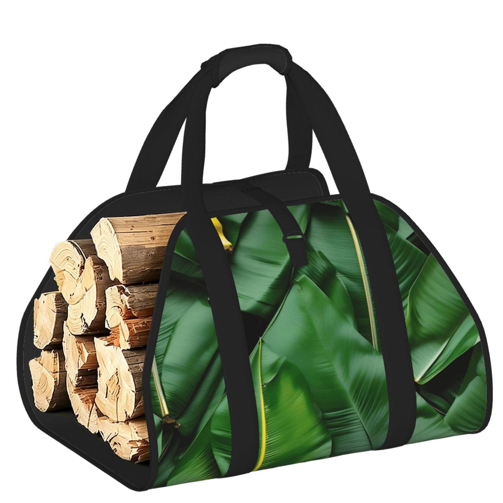 Ayyqwe Black Banana Leaves Print Firewood Bag Wood Waterproof Versatile Camping Picnic Storage Daily Home