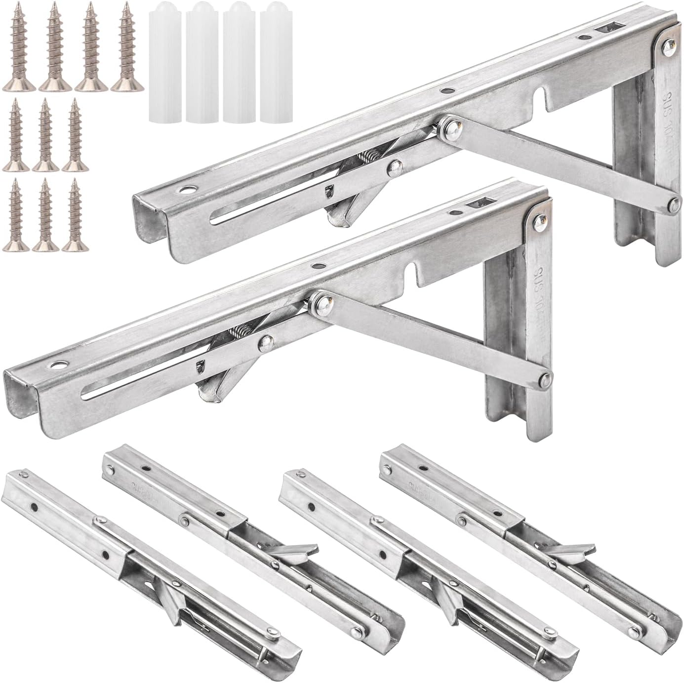 4PCS (2 Pair) 16 Inch Silver Folding Shelf Brackets with Screw, Collapsible Shelf Bracket Wall Mounted, Heavy Duty Folding Shelf Brackets for Wood Shelves, Wall-Mounted Tables & More