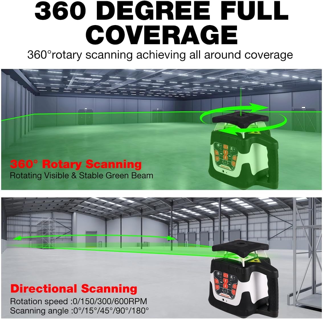 Rotary laser 360 Self Leveling,360 Degree Self Leveling Green Cross Line Laser, Target Plate,Laser Class: Class 2,Laser parameters<5mW
