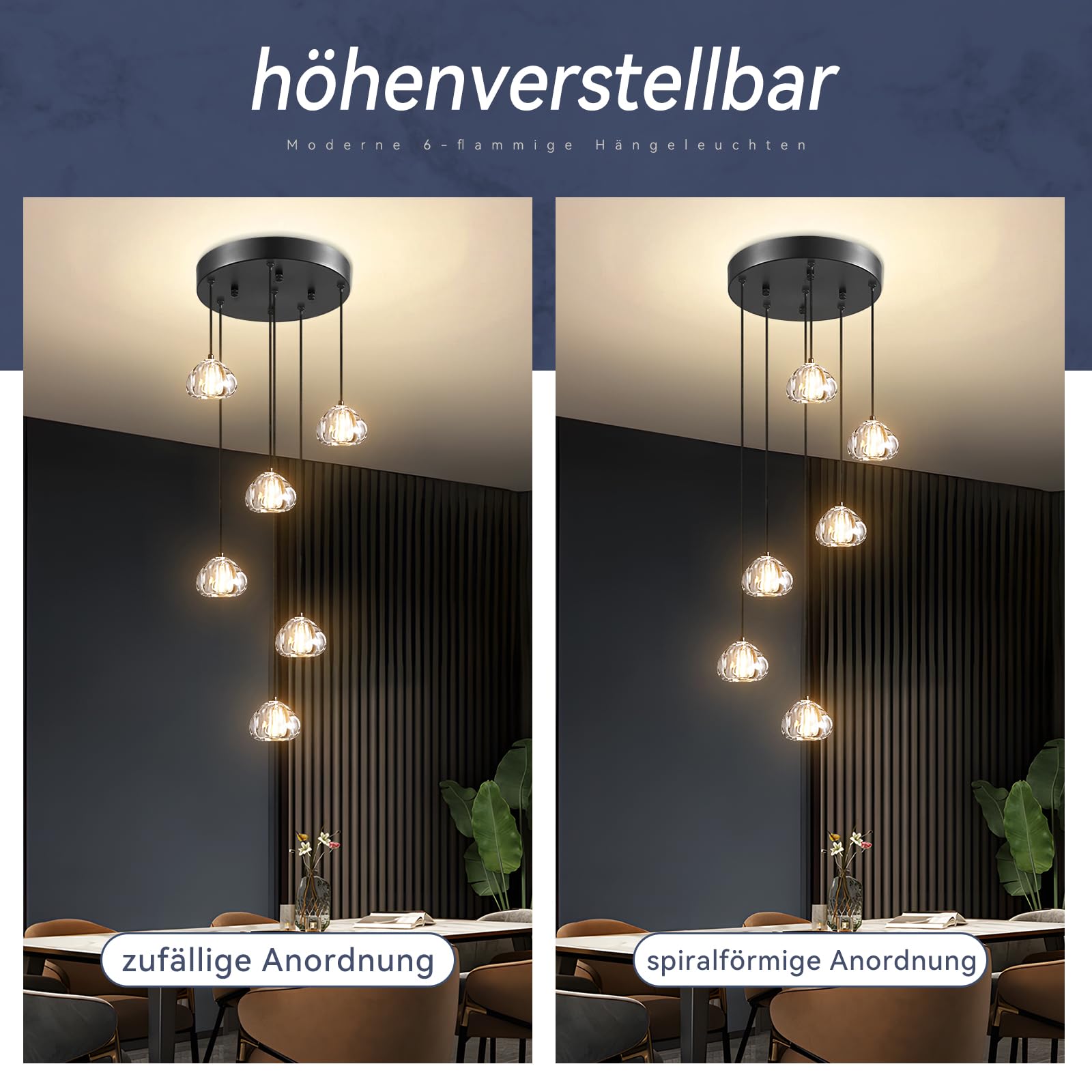 H.W.S Nowoczesna lampa wisząca LED, żyrandol Villa, regulowana wysokość, lampa wisząca szkło, do salonu, jadalni, przedpokoju, schodów, hotelu (6-punktowa, Okrągła, Czarna)