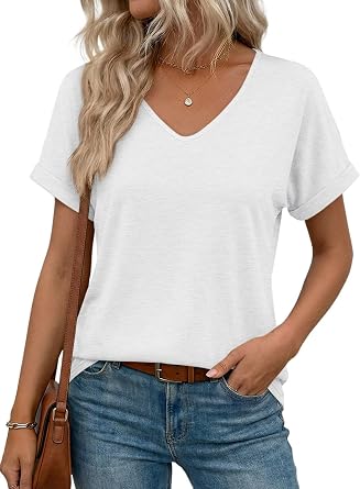 EADINVE Womens V Neck Rolled Sleeve T Shirts Curved Hem Short Sleeve Tops Summer Trendy Tees Loose Fit Tunic Shirts 2026