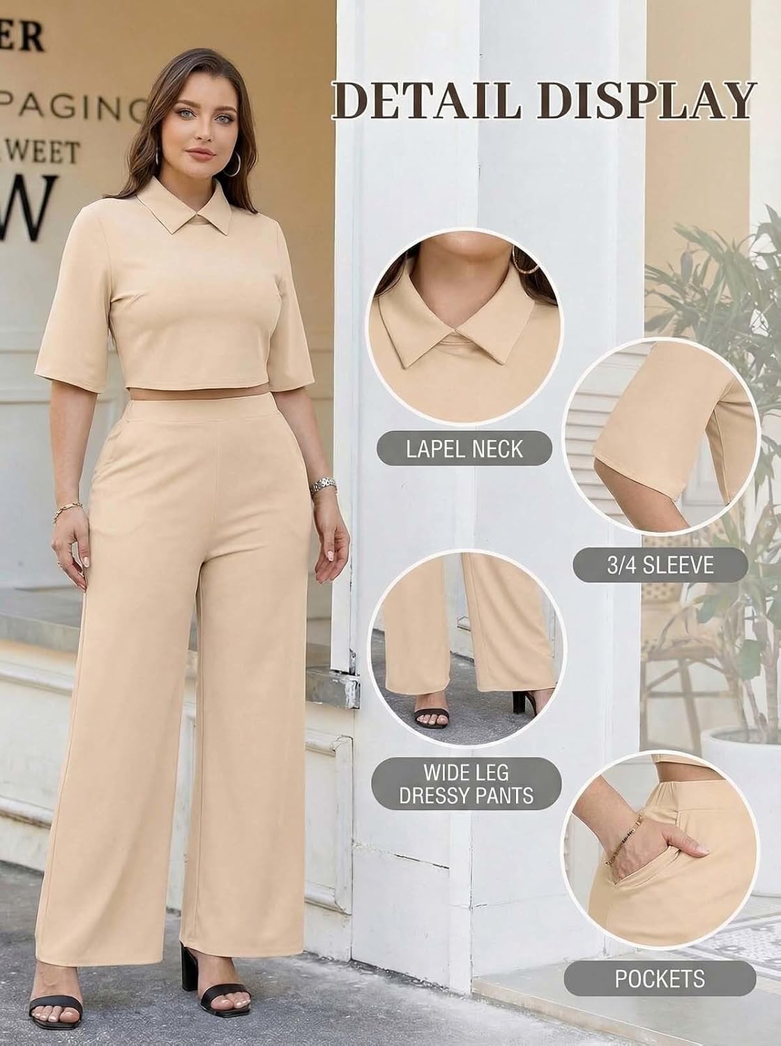 acelyn 2 Piece Pant Sets for Women Dressy 3/4 Sleeve Lapel Neck Top Wide Leg Pantsuits Business Casual Outfits