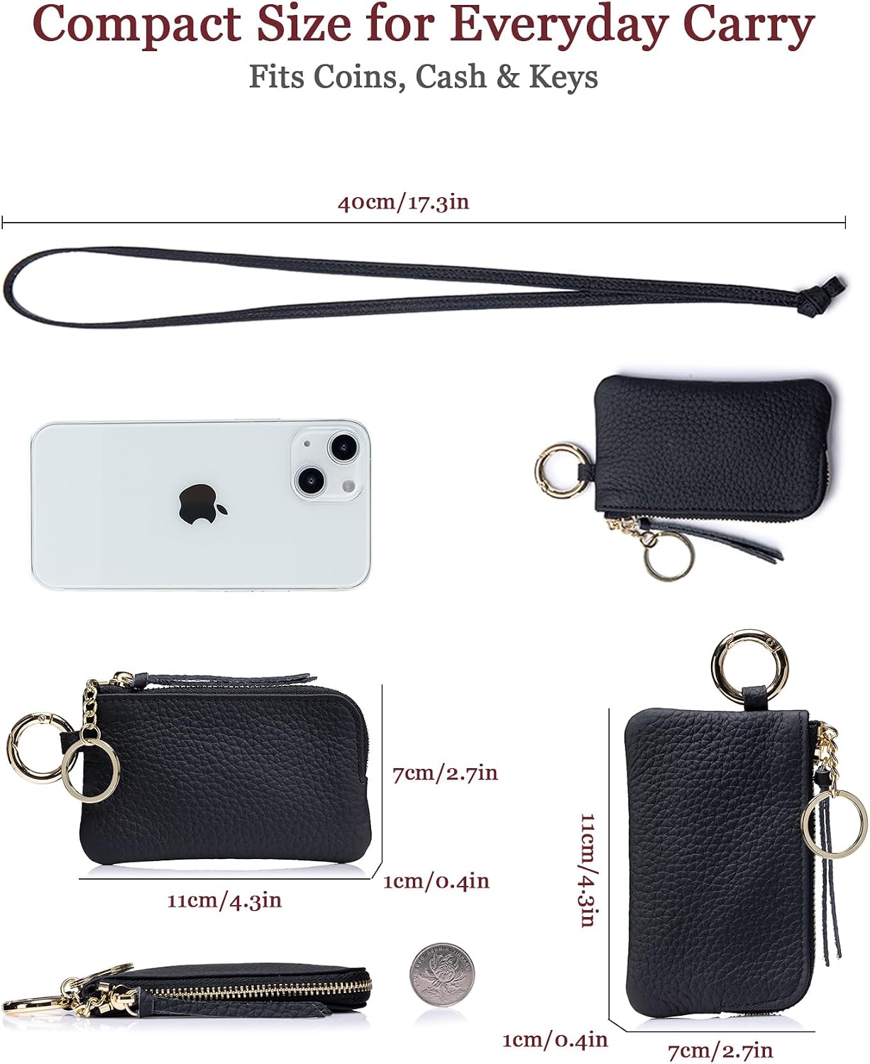 Leather Coin Purse for Women with Keychain & Wrist Strap – Small Zipper Coin Pouch, Mini Change Wallet, Slim Travel Key Pouch with Gift Box (Black)