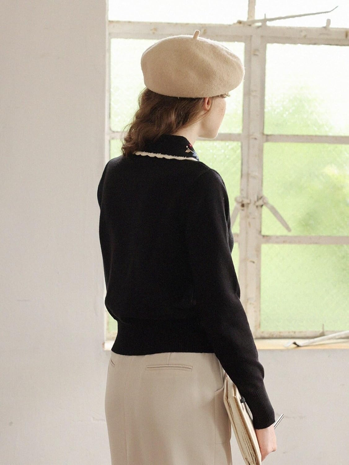 Women's Sweater Floral Embroidery Statement Collar Sweater Sweater for Women (Color : Black, Size : Small)