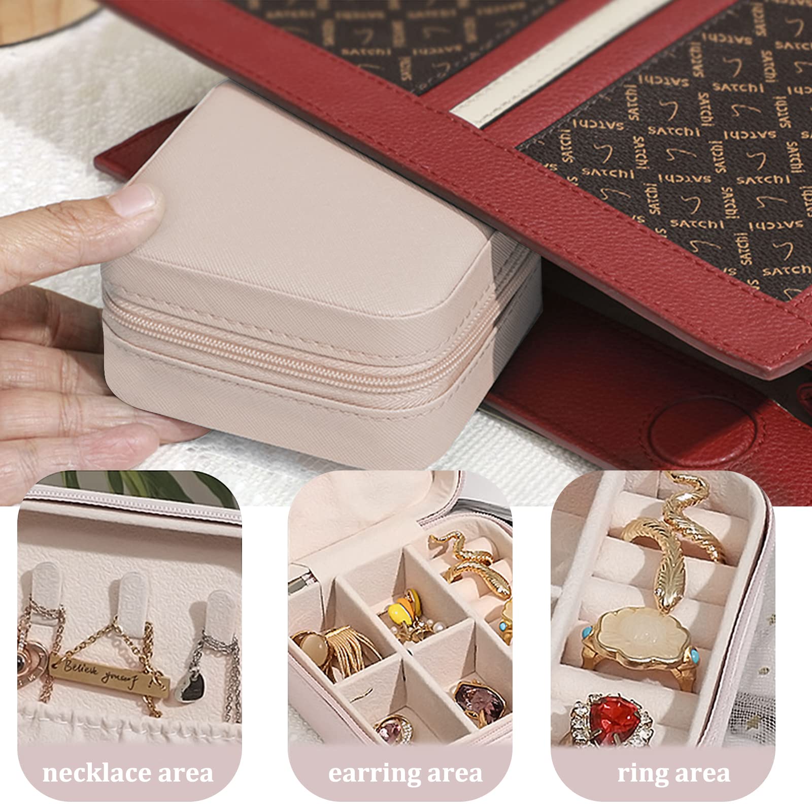FuninCrea Portagioie Viaggio, Piccolo Portagioie Donne in pelle PU con 3 pezzi di Panno d'argento, Portagioie Ragazze Scatole Portagioie Portatile da Viaggio per Orecchini, Anelli, Collane (Rosa)