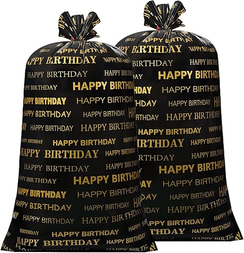 Leinuosen 2 bolsas de regalo grandes de 70 pulgadas, color negro y dorado, bolsas de regalo de plástico de gran tamaño con cuerdas para fiestas de