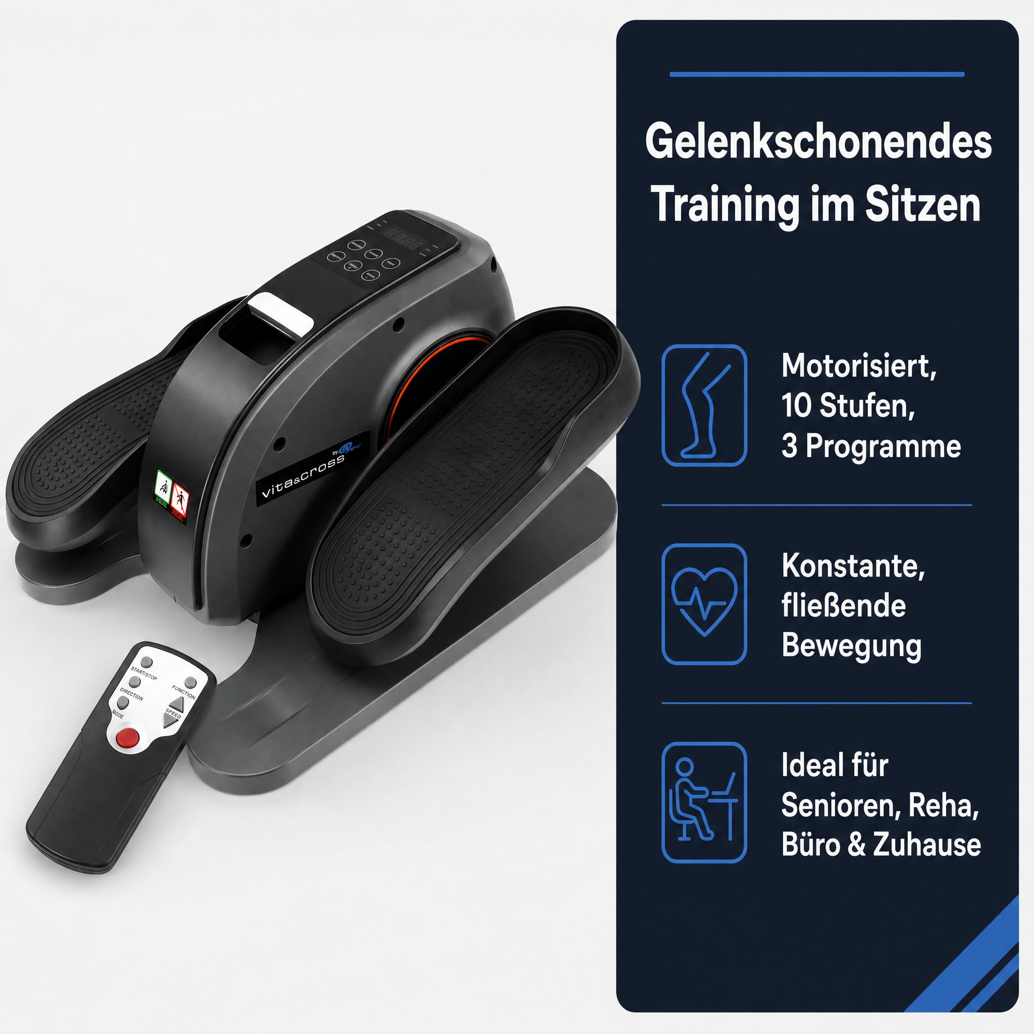 @tec Vita&Cross Motorisierter Pedaltrainer, Mini Ellipsentrainer | Gelenkschonender Beintrainer im Sitzen – 10 Stufen, 3 Programme, mit Fernbedienung, für Senioren, Büro & Zuhause