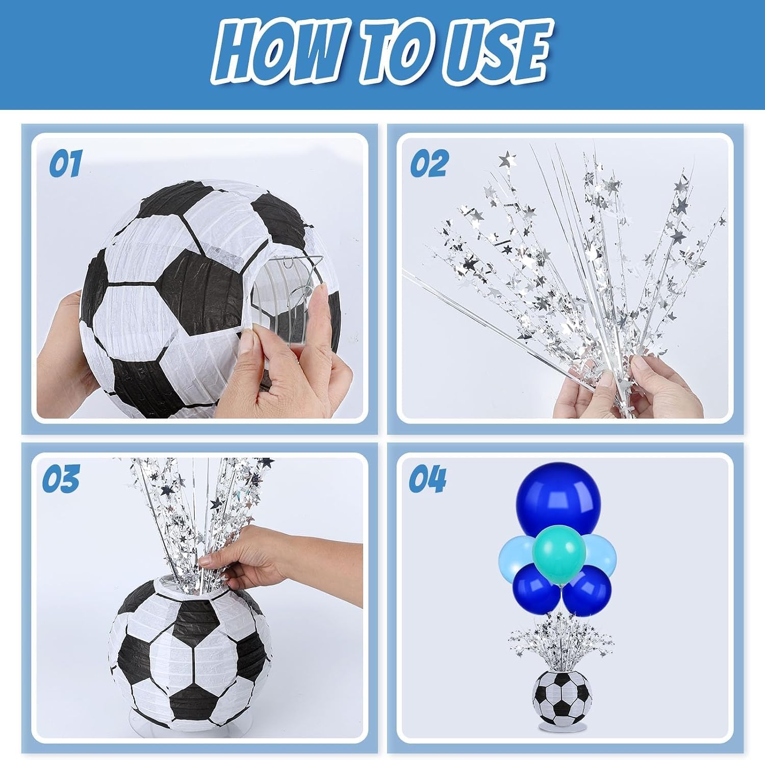 4 Sets Soccer Ball Lantern Centerpieces Decorations Soccer Birthday Party Balloons Stand Kit with Metallic Foil Spray for Men Boys Football Game Sports Party Baby Shower Decorations