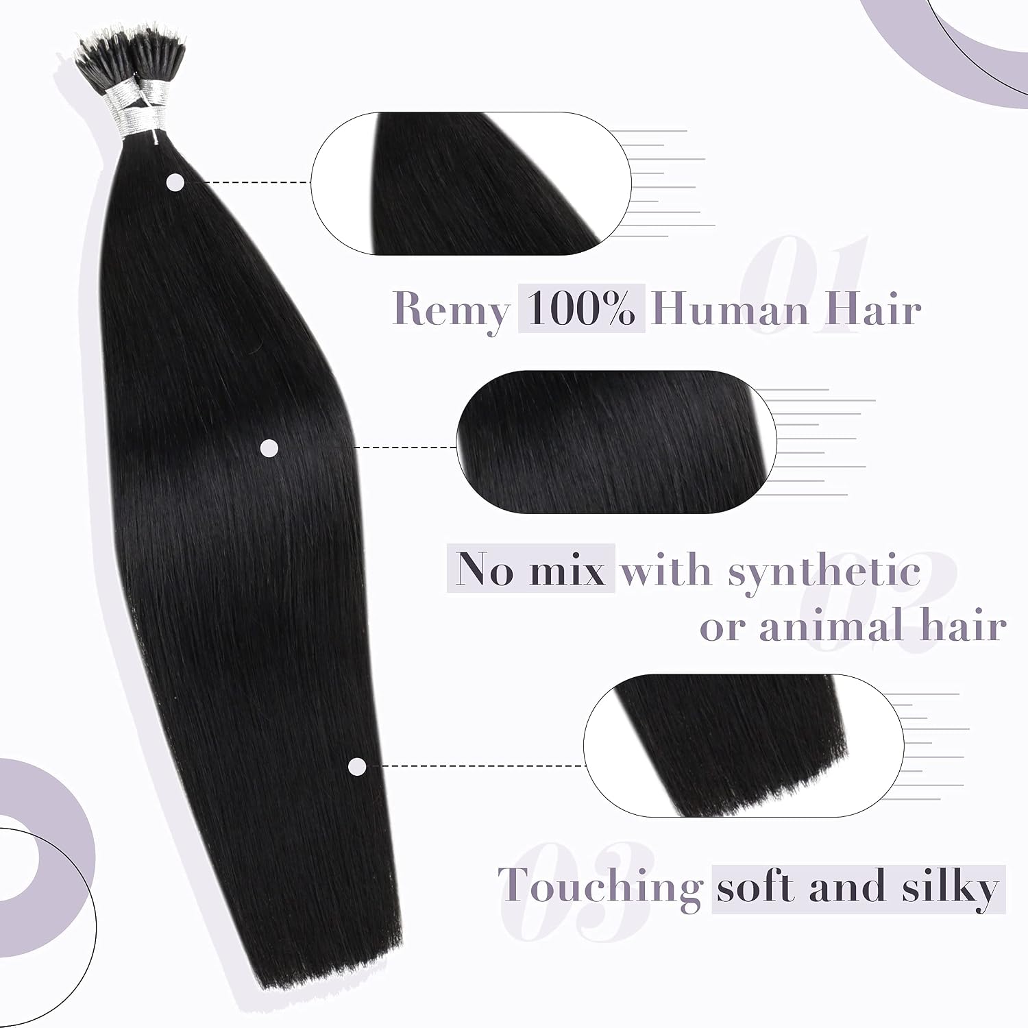 Hetto Nano Hair Extensions Real Human Hair Black, Natural Invisible Nano Beads Extensions - Image 4