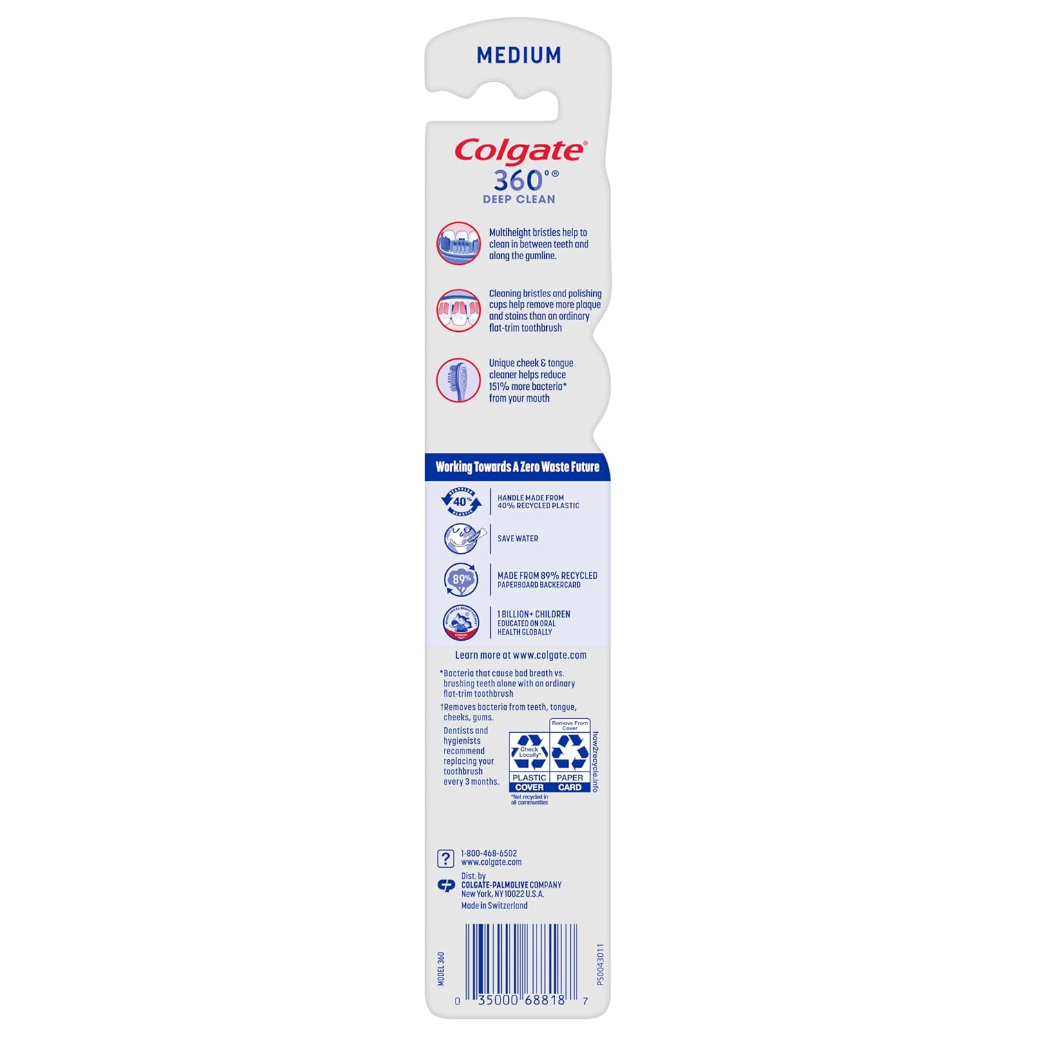 Back of Colgate 360 toothbrush packaging with product details and contact information