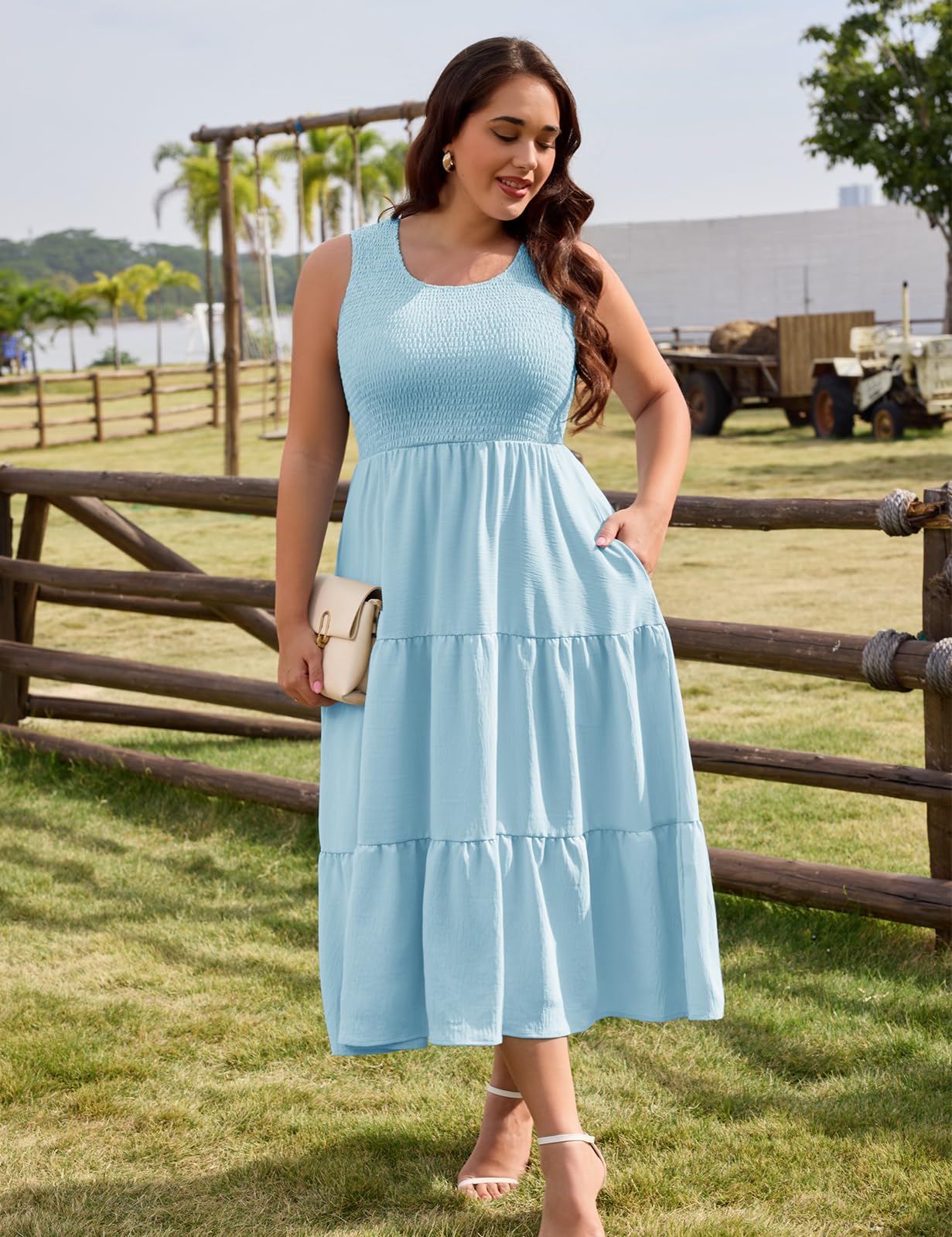 heekpek Abito Donna Estivo Taglie Forti Vestito Lungo Estivo Donna Elegante Scollo a U Vestiti Curvy con Tasche