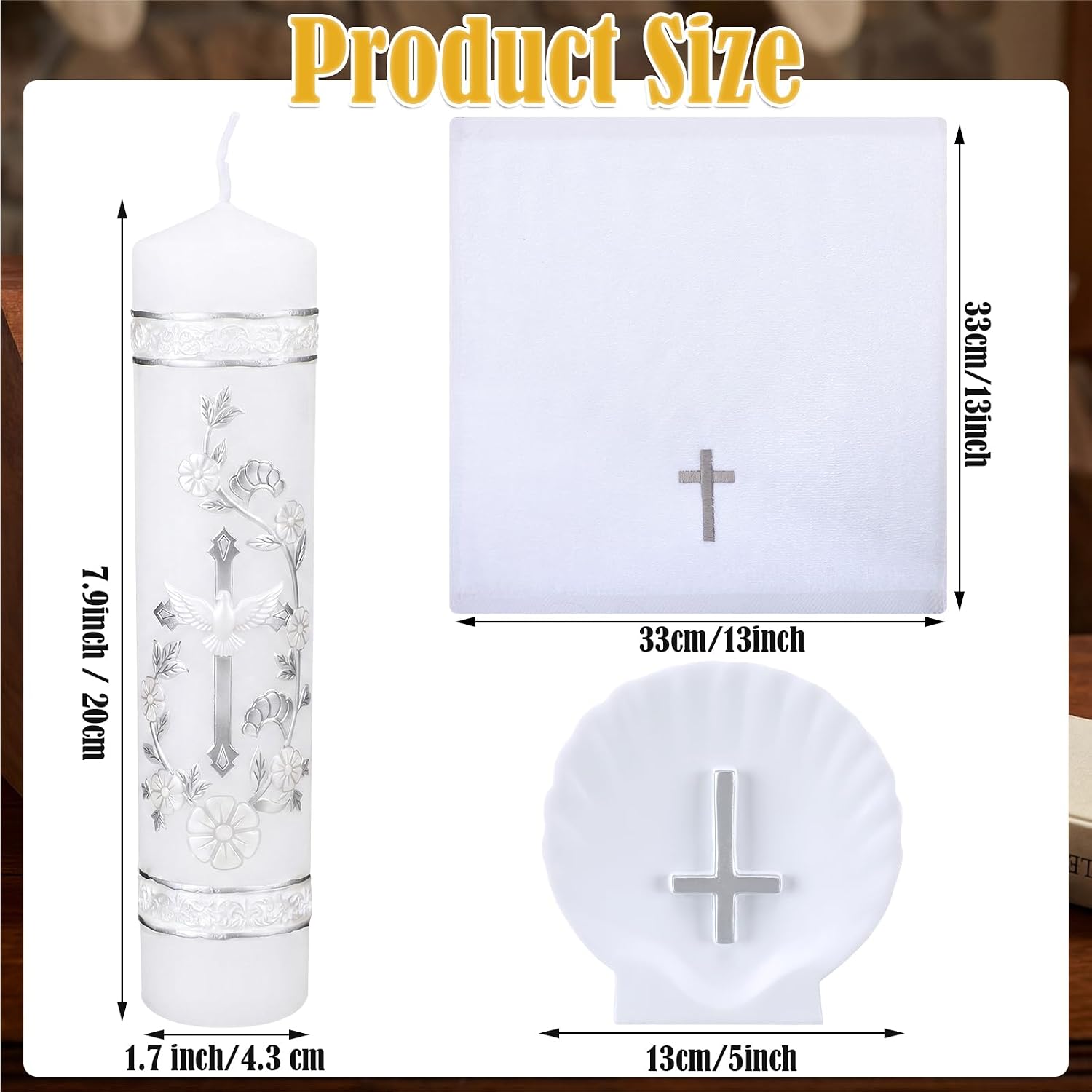 Lyrow Baptism Candle Set Complete Christening Gift Kit with Shell, Candle & Towel, Silver Communion for Baptism, First Holy Communion, Catholic Sacraments