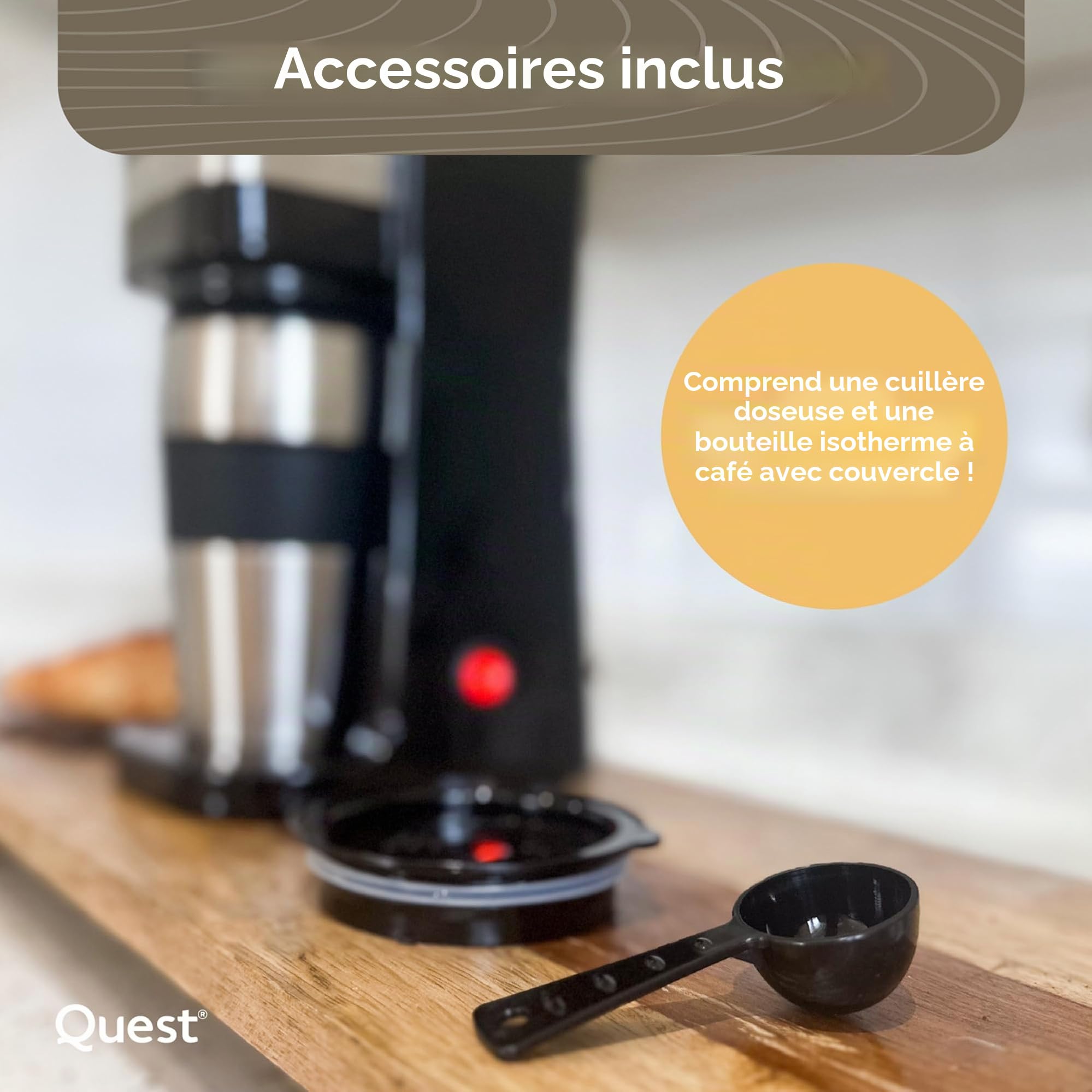 Quest 35189 Machine à café filtrante portable avec filtre de voyage, capacité de 420 ml, tasse de voyage thermique incluse, fonctionne avec les dosettes de café moulu et de café, expresso instantané
