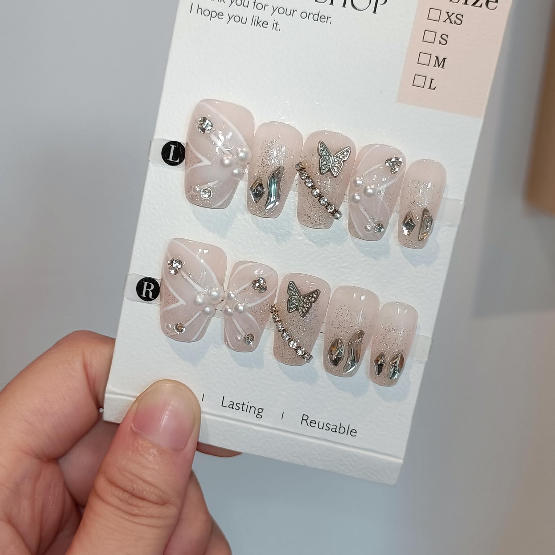 TENPAL 10Pcs Handmade Press on Nails with Kit,Starry Gradient White Coffin Nails,3D Ribbon Butterflies & Pearls Glue on Nails,Sultry Minimalist