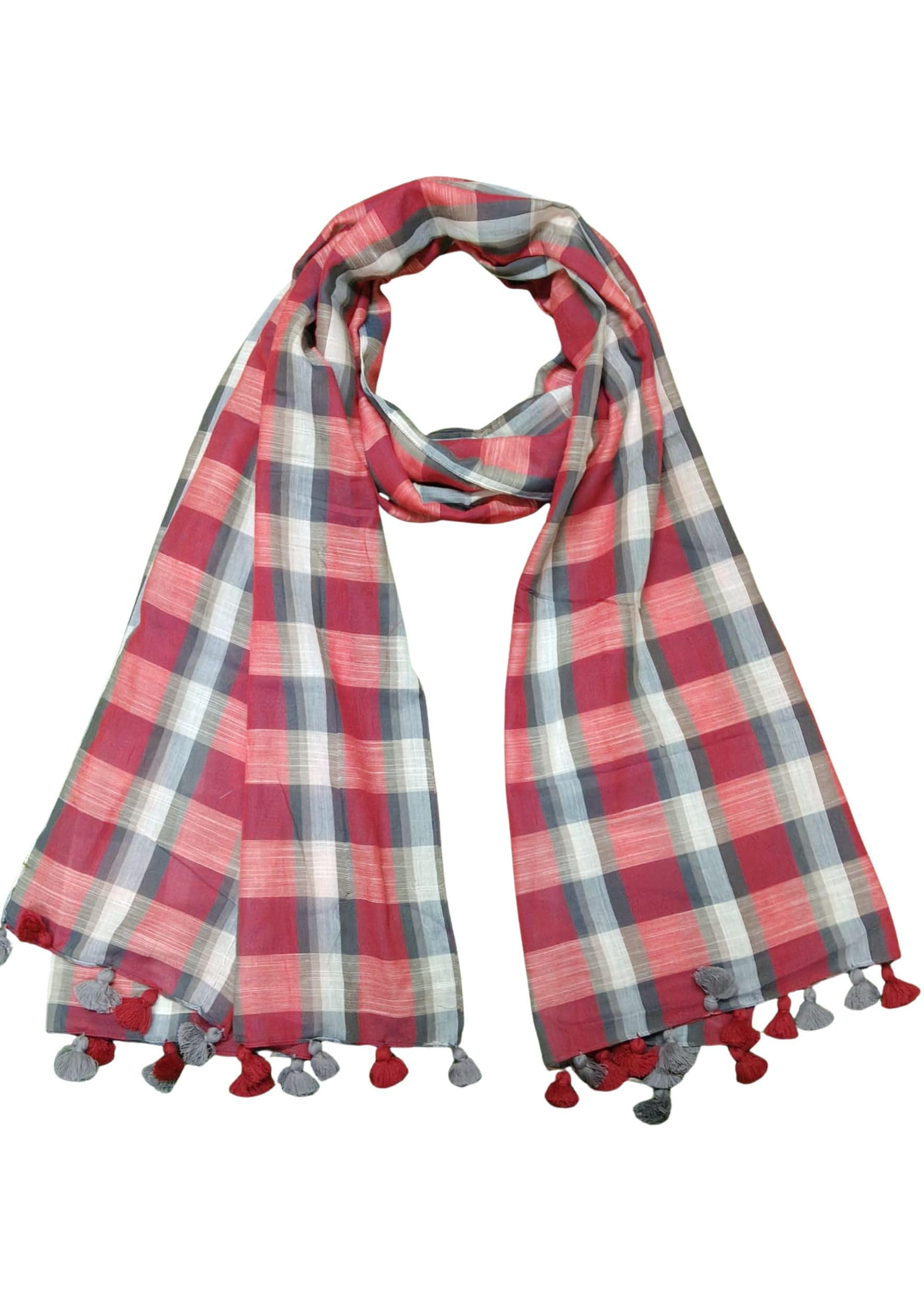 Premium Cotton Checks Stole for Women | Red & Grey Plaid Scarf with Tassels | Soft, Breathable & Lightweight Dupatta for All Seasons (70 x 200 cm)-image-8