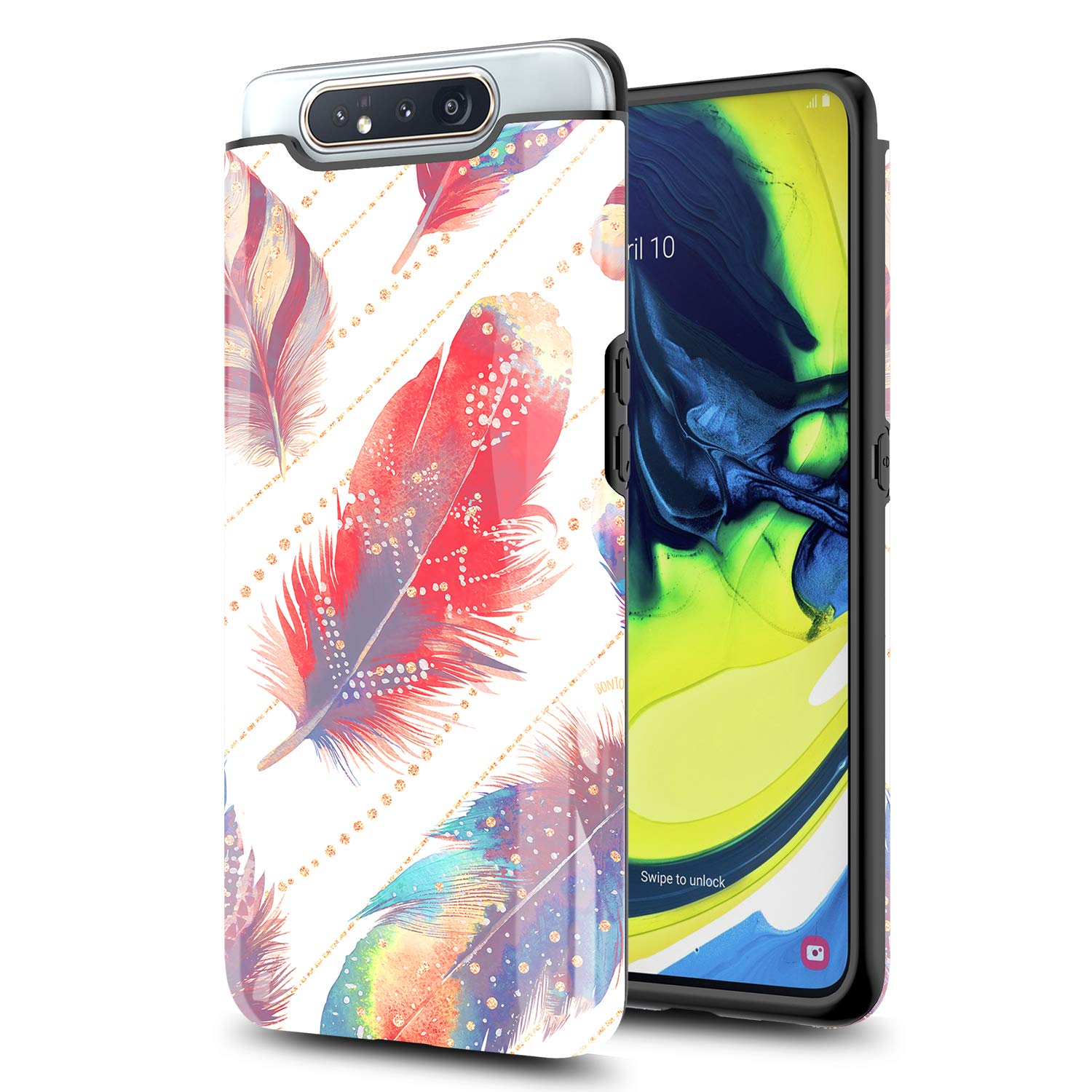 GORGCASEfor Samsung Galaxy A80 / A90 - Slim Graphic Design Premium Heavy Duty [Impact Resistant] Rugged Defender Shockproof Dual Layer Protective Cover for Women Girl Color Feather