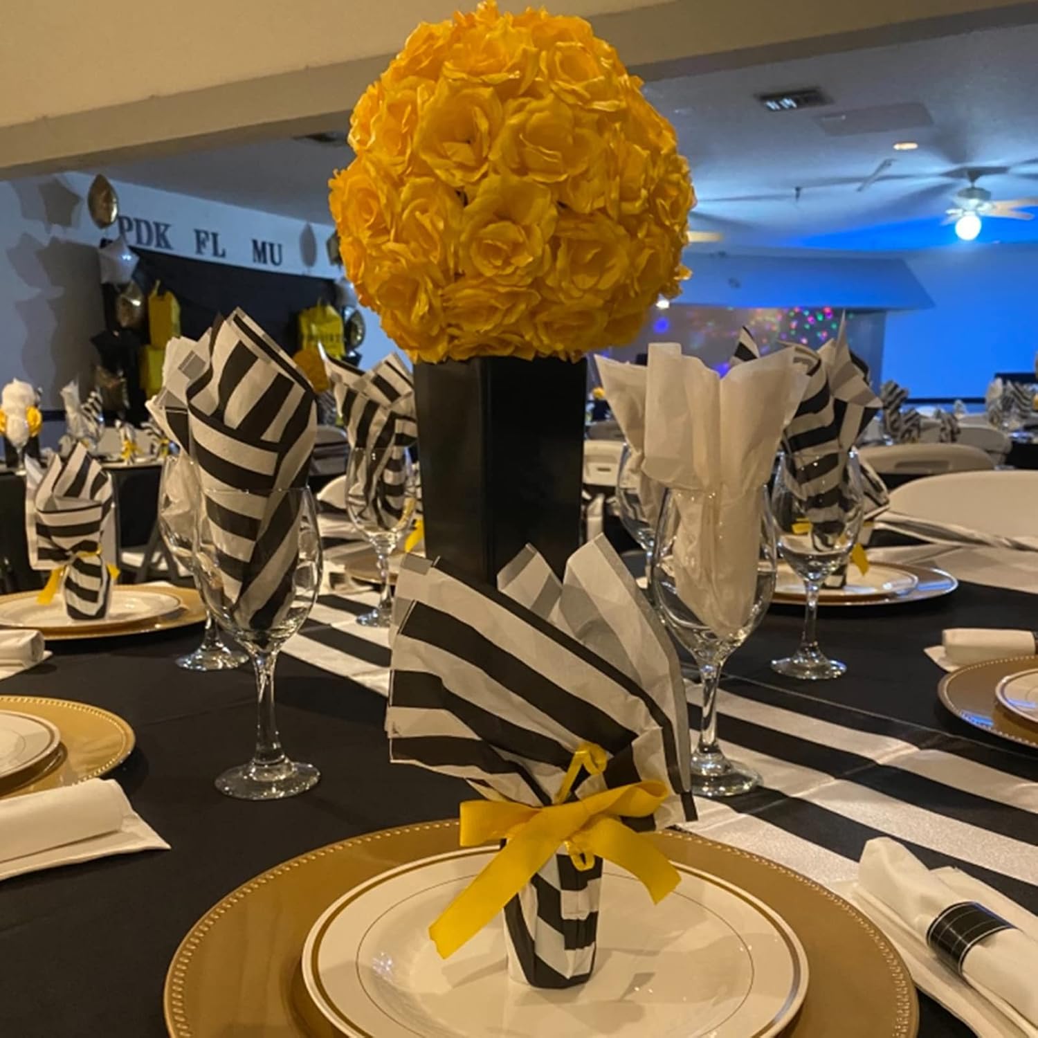 Black White Stripe Party Supplies - Paper Plates, Napkins and Ribbon Streamer Wands for Graduation, Baby Shower, Wedding, Birthday Party