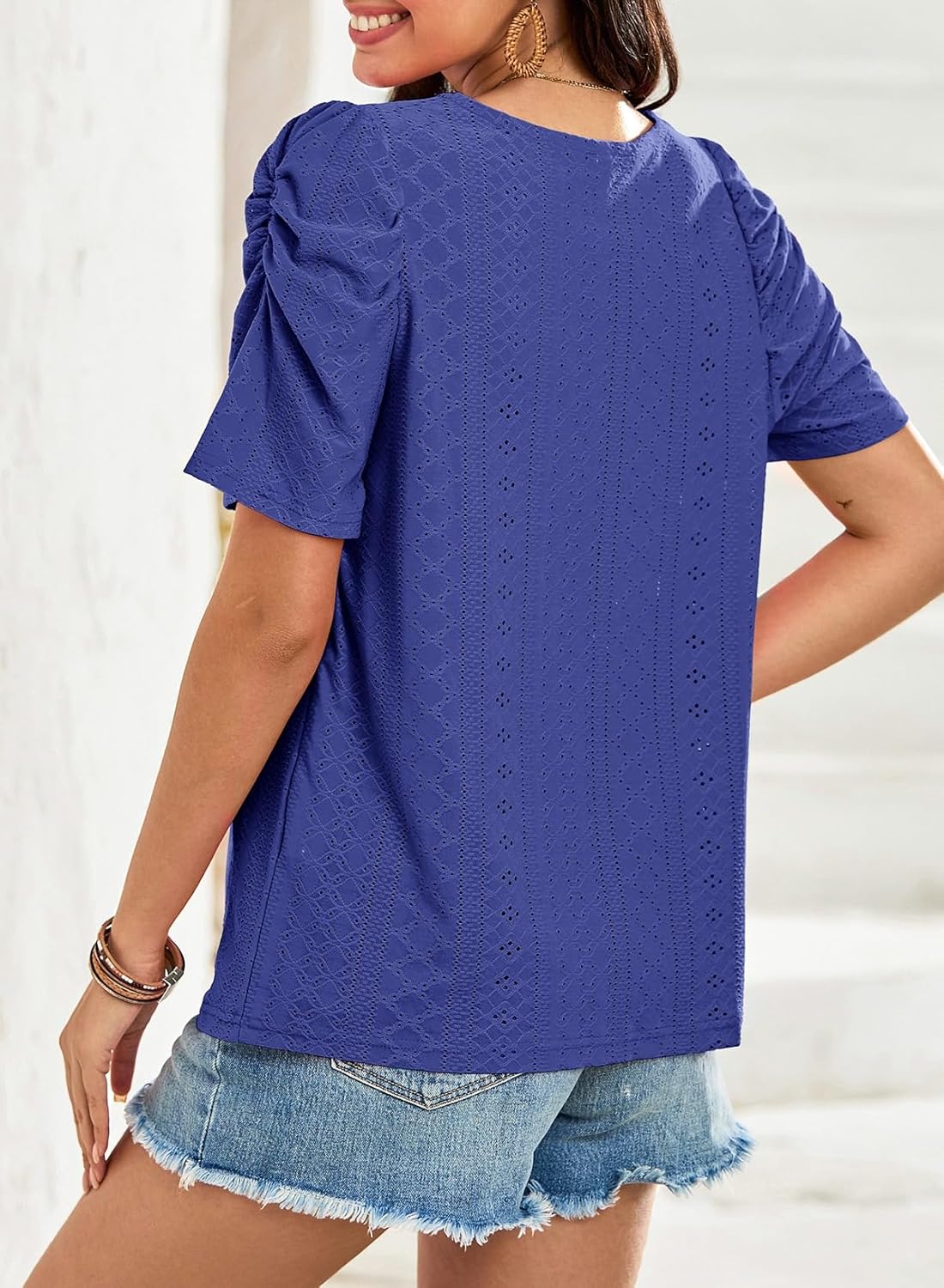 Dokotoo Women's Hollow Pleated Short Sleeves Square Neck Casual Loose Solid Color Knit T Shirts Tops Blouses - Image 3