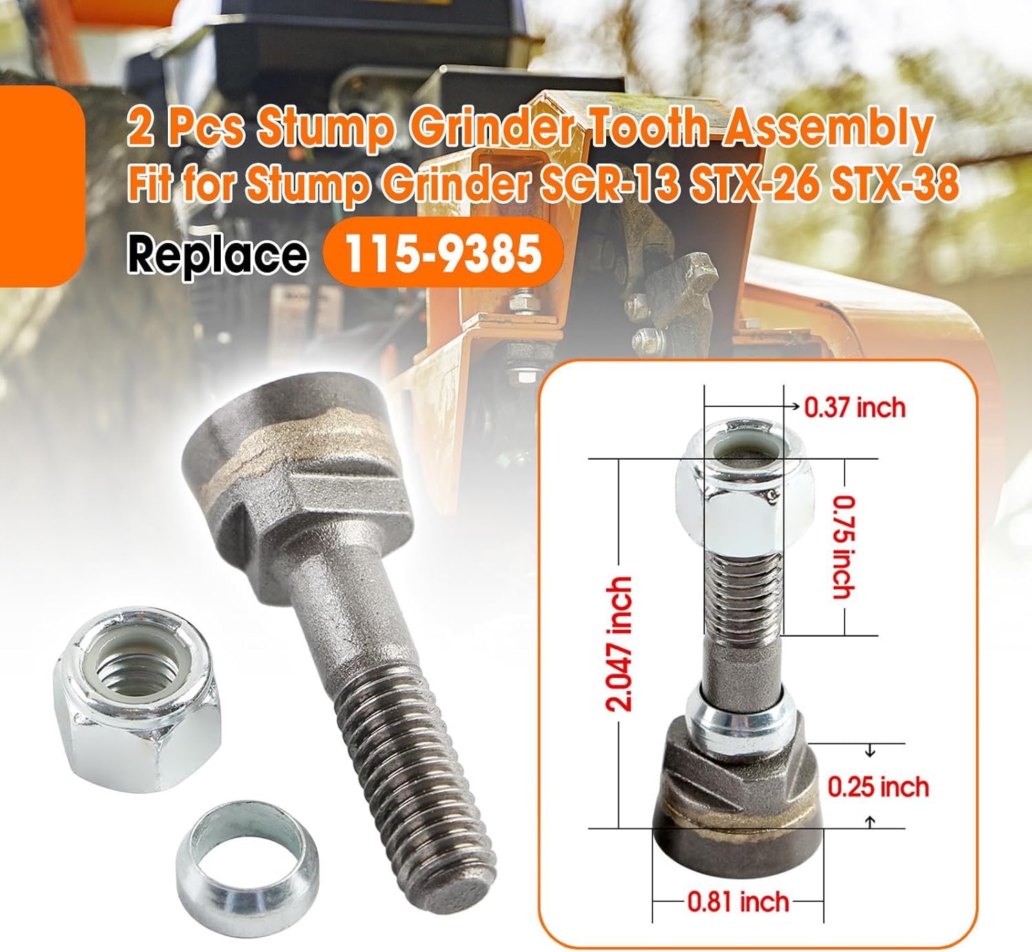 2 Pcs Stump Grinder Tooth Assembly Replace 115-9385 Fit for Stump Grinder SGR-13 STX-26 STX-38