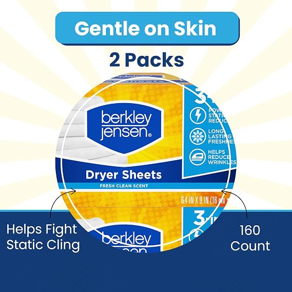 Berkley Jensen Soft and Fresh Dryer Sheets, 320 Sheets (Pack of 2, 160ct Each) - 3-in-1 Anti Static Wrinkle Release Scented Dryer Sheets - Ideal for All Dryers - Fabric Softener Sheets w/Fresh Scent