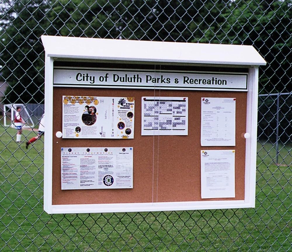 BuyBocceBalls Listing - Tennis, Bocce, Golf Court Accessories - Messaging Boards - Outpost Message Center with Acrylic Doors - Model 50 - White - Post Attached, Header Sign, Sliding Door Lock