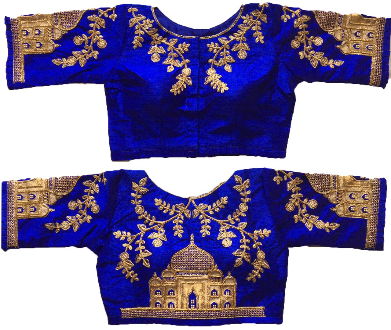 Pujia Mills Women's Multicolor Heavy Hand Embroidery Taj Mahal Design Work Khatli Work Phantom Silk Readymade Saree Half Sleeve Blouse (Mum Taj Blouse_ Royal Blue 38)