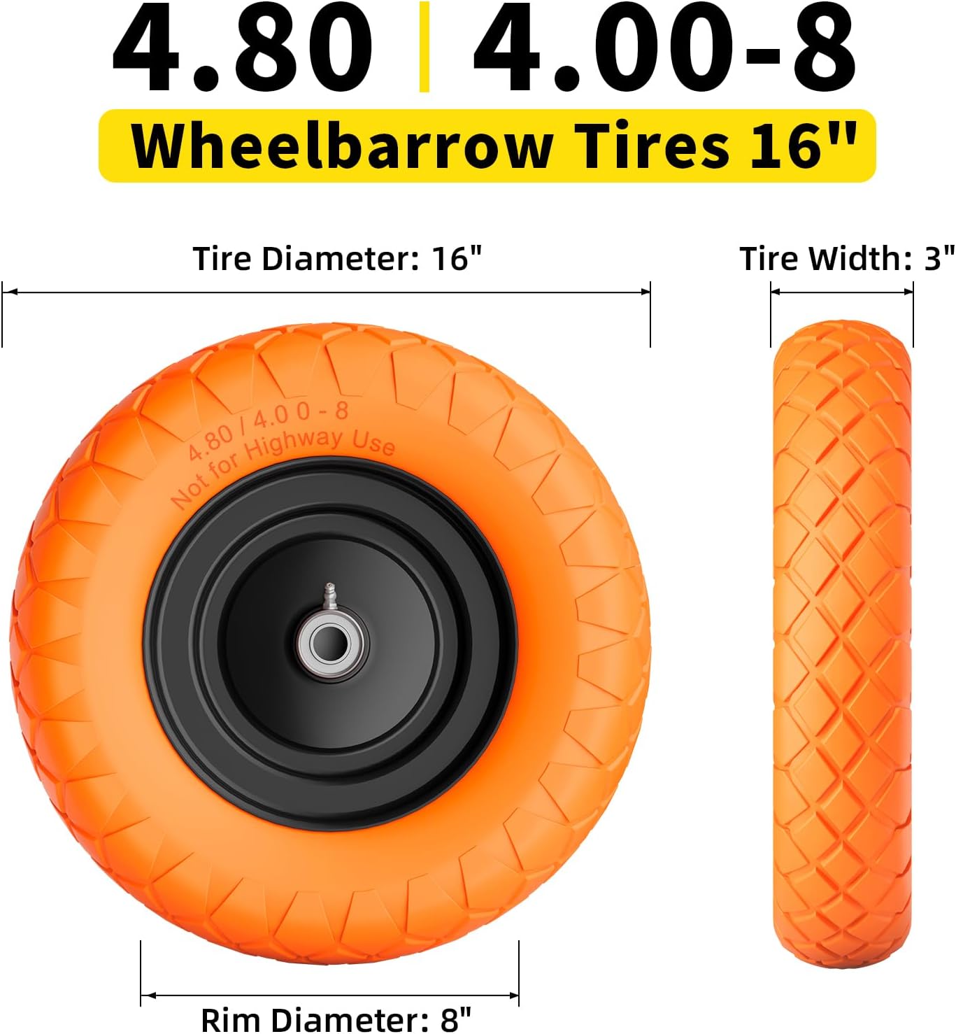 4.80/4.00-8 Flat Free Wheelbarrow Tire and Wheel, 16" Solid Puncture Proof Replacement Tires with 5/8" & 3/4" Bearings, 400Lbs Load, Universal Fit for Garden, Farm & Construction, 2Pack Orange