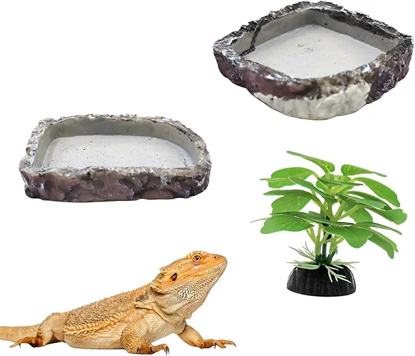 Bearded Dragon Accessories, 2 Pack Reptile Bowl for Feeding and 1 Artificial Plant Decor, Aquarium Habitat Decoration Set for Bearded Dragon, Gecko, Tortoise, Snake, Frog, Other Small Reptile