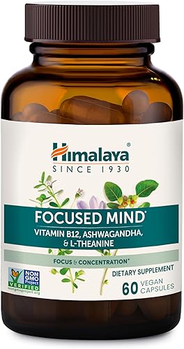 Himalaya Suplemento mental enfocado, con Ashwagandha, Bacopa y L-teanina para atención, concentración y apoyo energético, 60 cápsulas veganas, sin