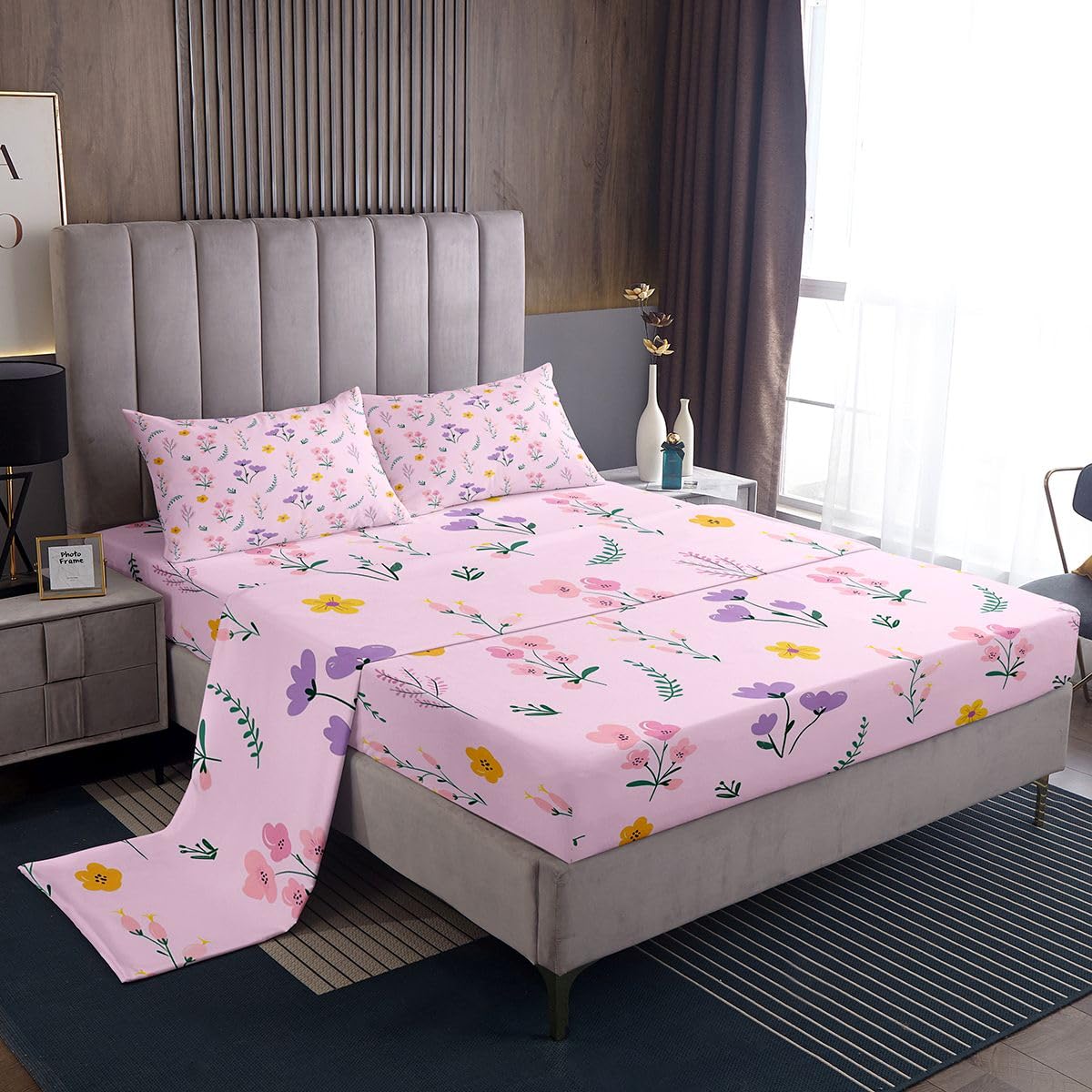 jejeloiu Floral Bed Sheets Set King Size Plant Bed Set for Kids Boys Girls Farmhouse Garden Deep Pocket Fitted Sheet Cute Breathable Soft Lightweight Microfiber Baby Pink