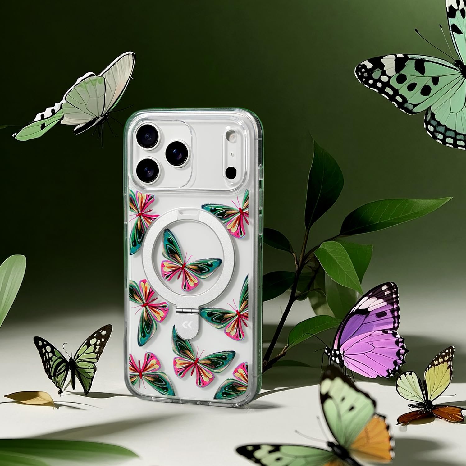 CASEKOO Floral Series Dancing Butterfly for iPhone 17 Pro Max Case with Magnetic Ring Stand [Compatible with MagSafe] [Military-Grade Protection] Fashion Clear Back, Soft Edge, for Women - Image 2