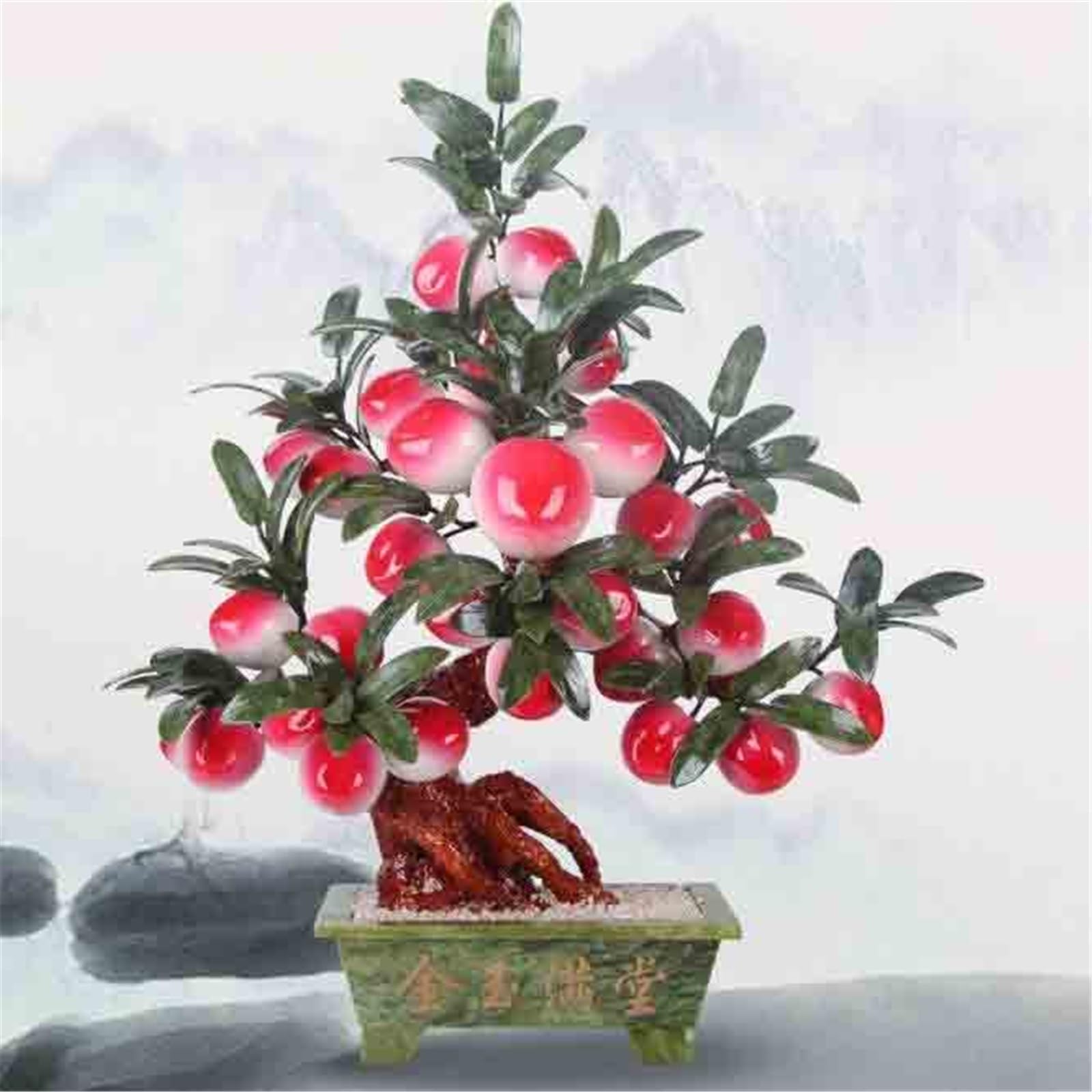 Sztuczne drzewa Bonsai Sztuczne drzewo Bonsai, jadeitowa rzeźbiona brzoskwinia półka na biurko sypialnia wystrój salonu