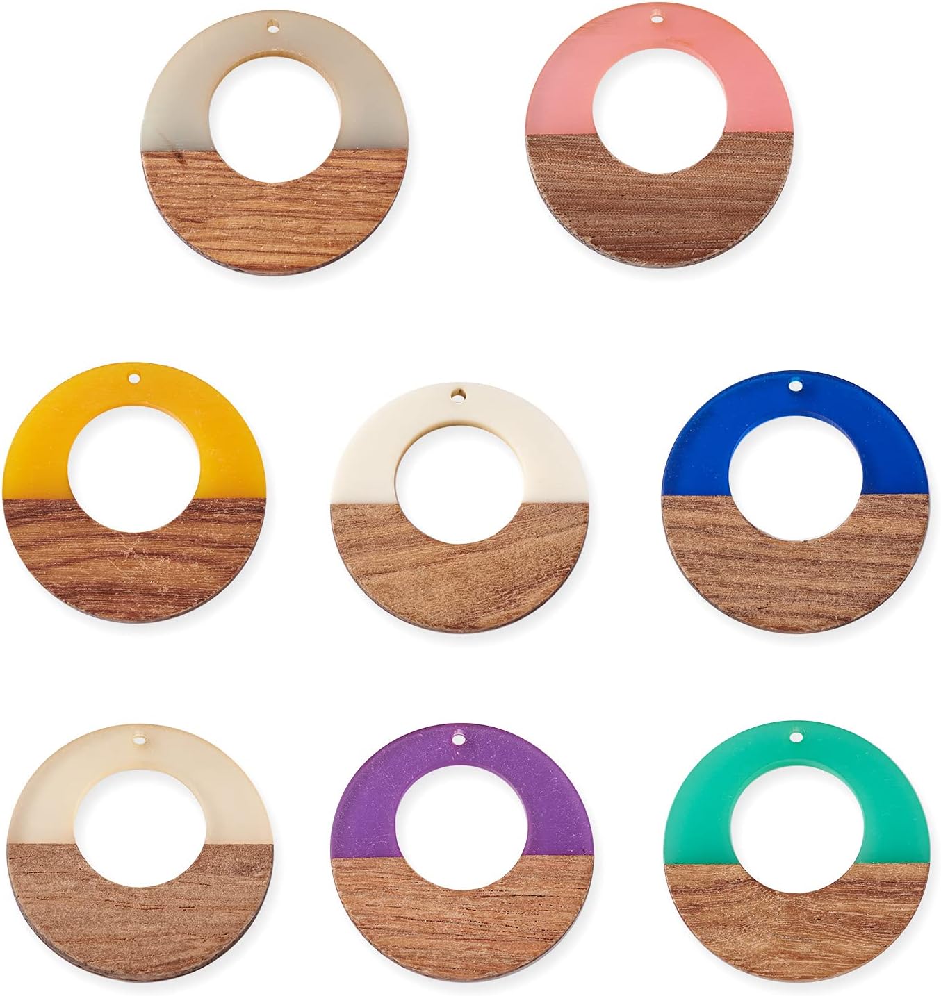 Pandahall 16pcs/set Colorful Resin Wood Vintage Drop Pendants Kit Dangle Hollow Flat Round Shape Charms Wooden Embellishments for Necklace Earring Jewelry Making