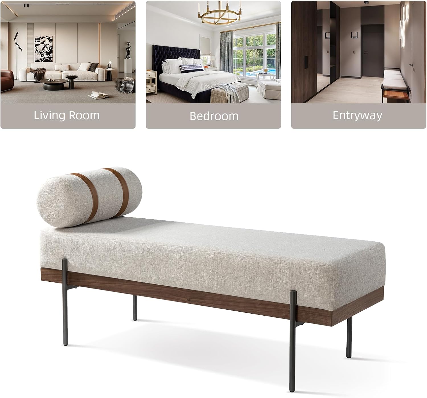 HULALA HOME Modern Bedroom Bench, Upholstered Entryway Bench with Removable Pillow, Metal Legs for Living Room, Ivory