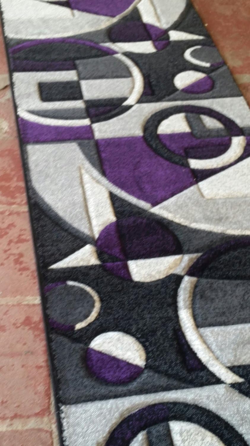 Modern Runner Contemporary Area Rug Purple Grey & Black Abstract Design 322 (2 Feet X 7 Feet 3 Inch)
