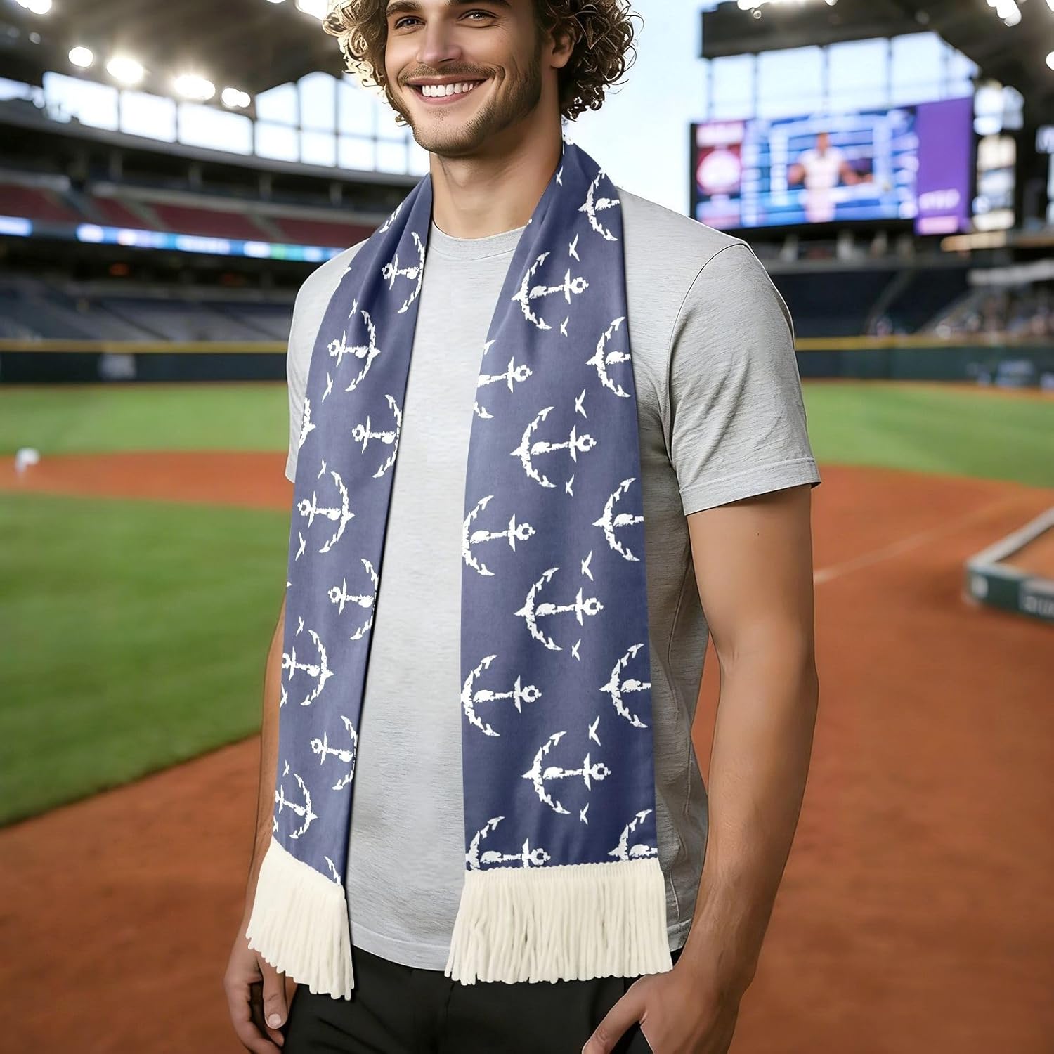 CHIFIGNO White Bird Navy Blue Sports Fan Scarf for Soccer Fans, Soft Polyester Sweat Towel Wrap with Fringe Ends, Quick Dry Cheering Banner