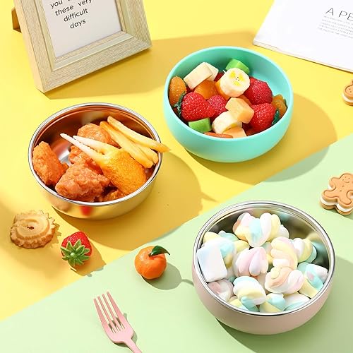 Vista 8 de Nuogo 6 cuencos de acero inoxidable 304 para bebés con carcasa de silicona extraíble para niños pequeños, recipiente antiquemaduras para Color suave