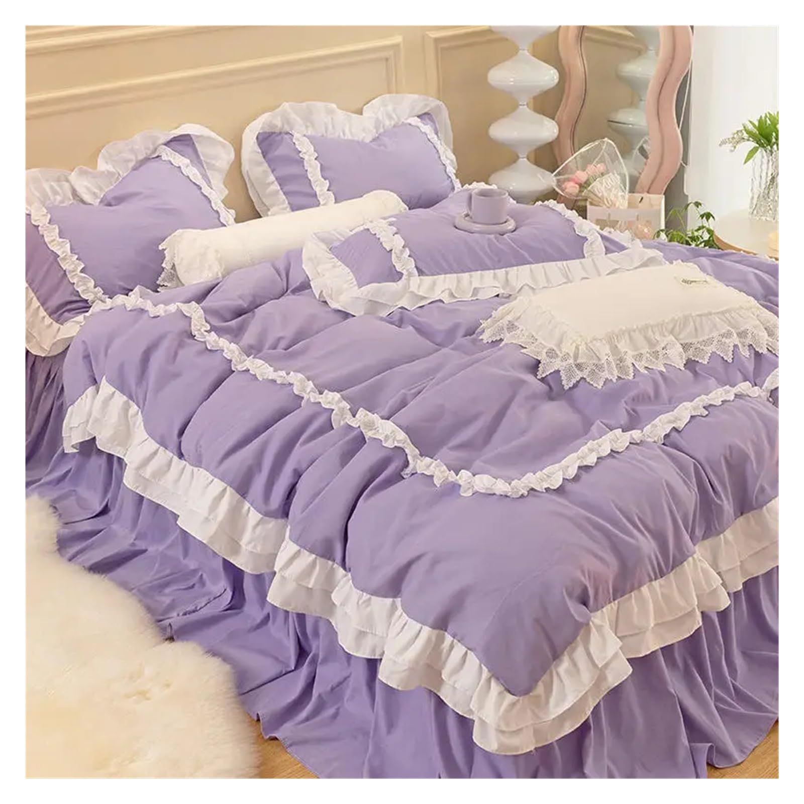 Housse de couette fille et parure de lit kawaii à volants pour chambre princesse cosy