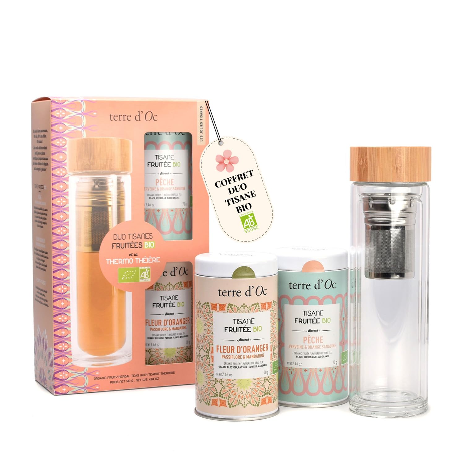 Terre d'Oc - Coffret 2 Tisanes Fruitées Bio + Gourde - Glacée ou Chaude