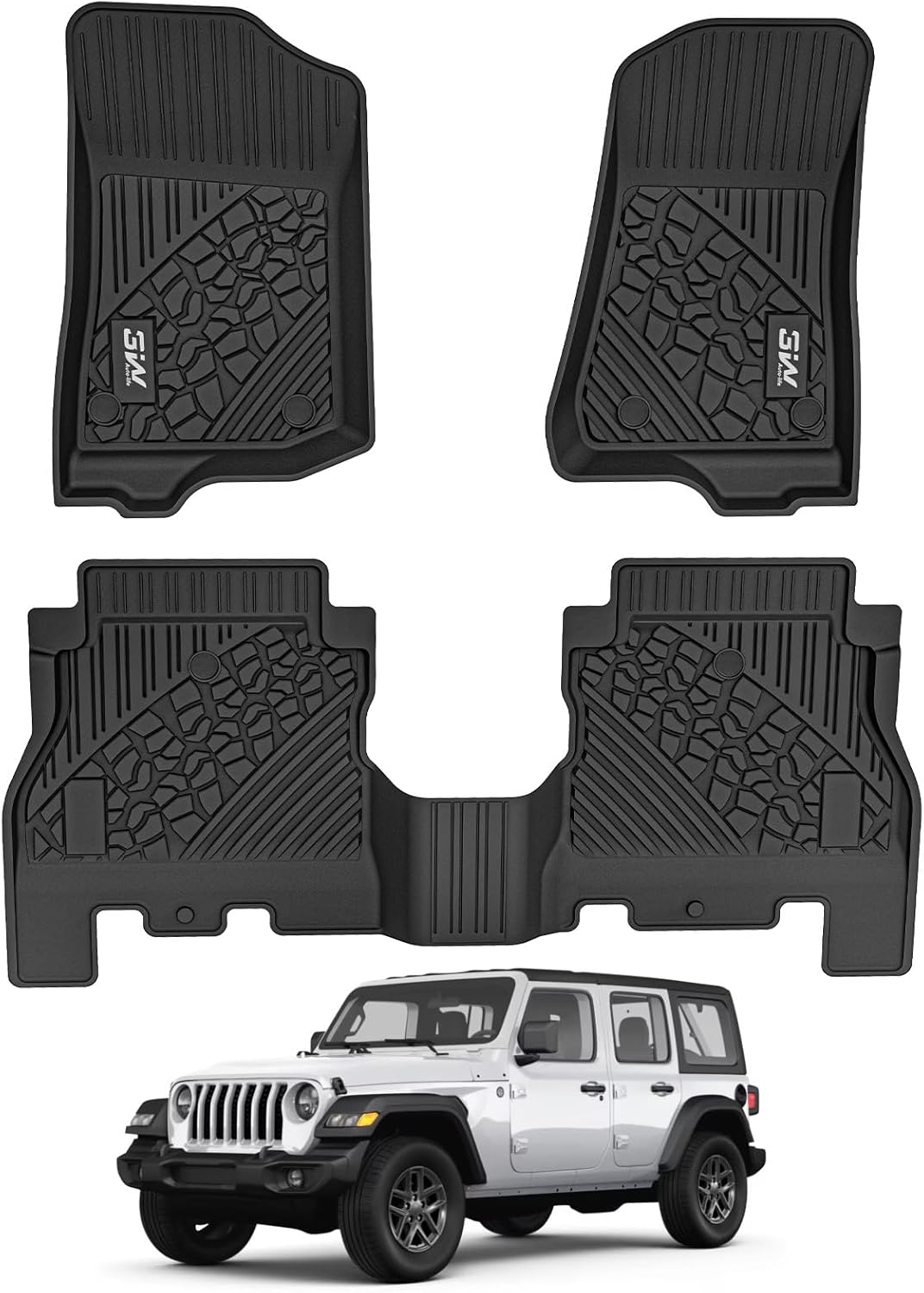 3W Floor Mats Compatible for Jeep Wrangler JL 2018-2024 2025 Unlimited 4-Door Gas/MHEV Type(Non JK or 4XE) All-Weather TPE Floor Liner for 1st and 2nd Row Full Set Car Mats, Black Wrangler JL 2018-2025 Floor Mats 3PCS