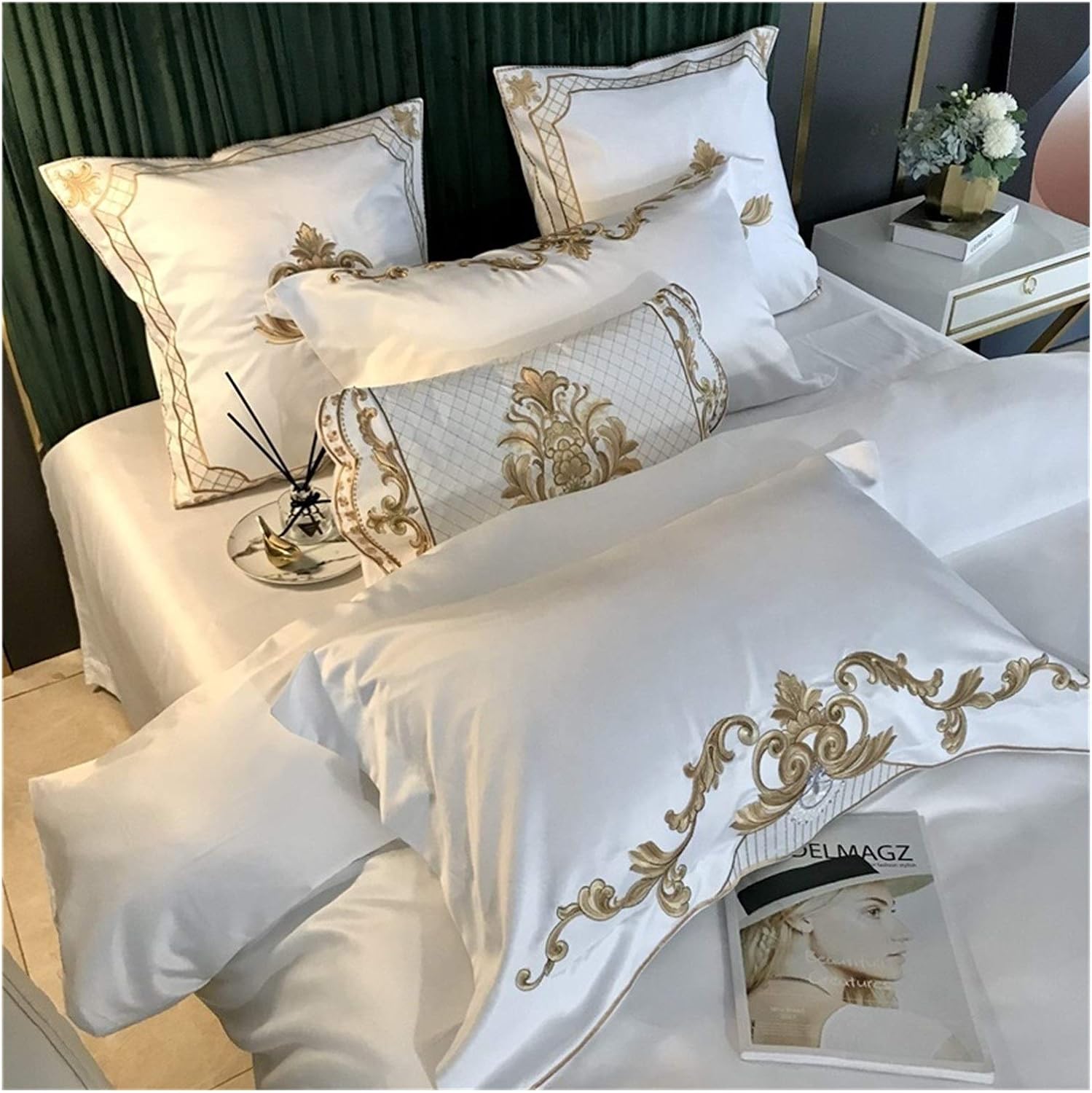 SHT 高級ゴールデン刺繍60Sサテンシルクコットン寝具セット布団カバーシート布団カバーシート枕カバー Color 1, Size