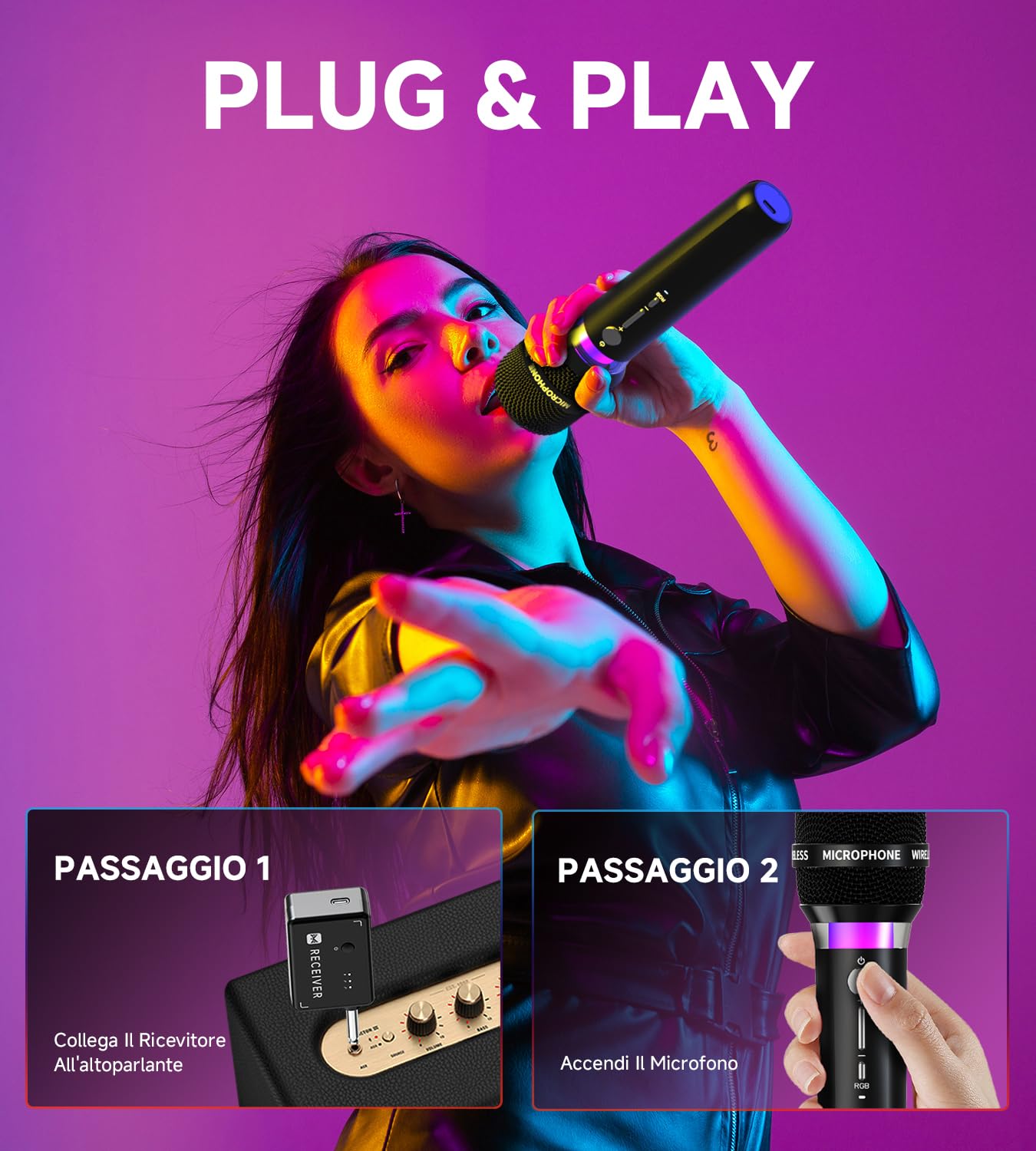 Microfono Wireless, Microfoni Wireless Ricaricabili Doppi Con Connessione Chip Uno a Uno e Luci LED, Durata 40 Ore, Portata di Ricezione 200 Piedi, Microfono Karaoke a Latenza Ridotta per Cantare