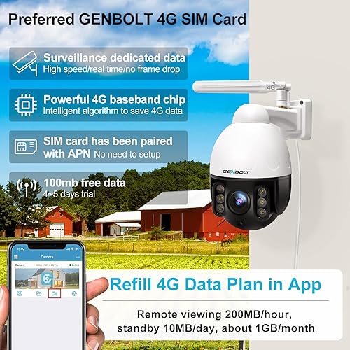 Miniatura 2 de GENBOLT Cámara de seguridad 3G4G LTE PTZ al aire libre 2.5K, zoom óptico 9X PoE CCTV Cámara de vigilancia IP con tarjeta SIM, reflector de 5MP de