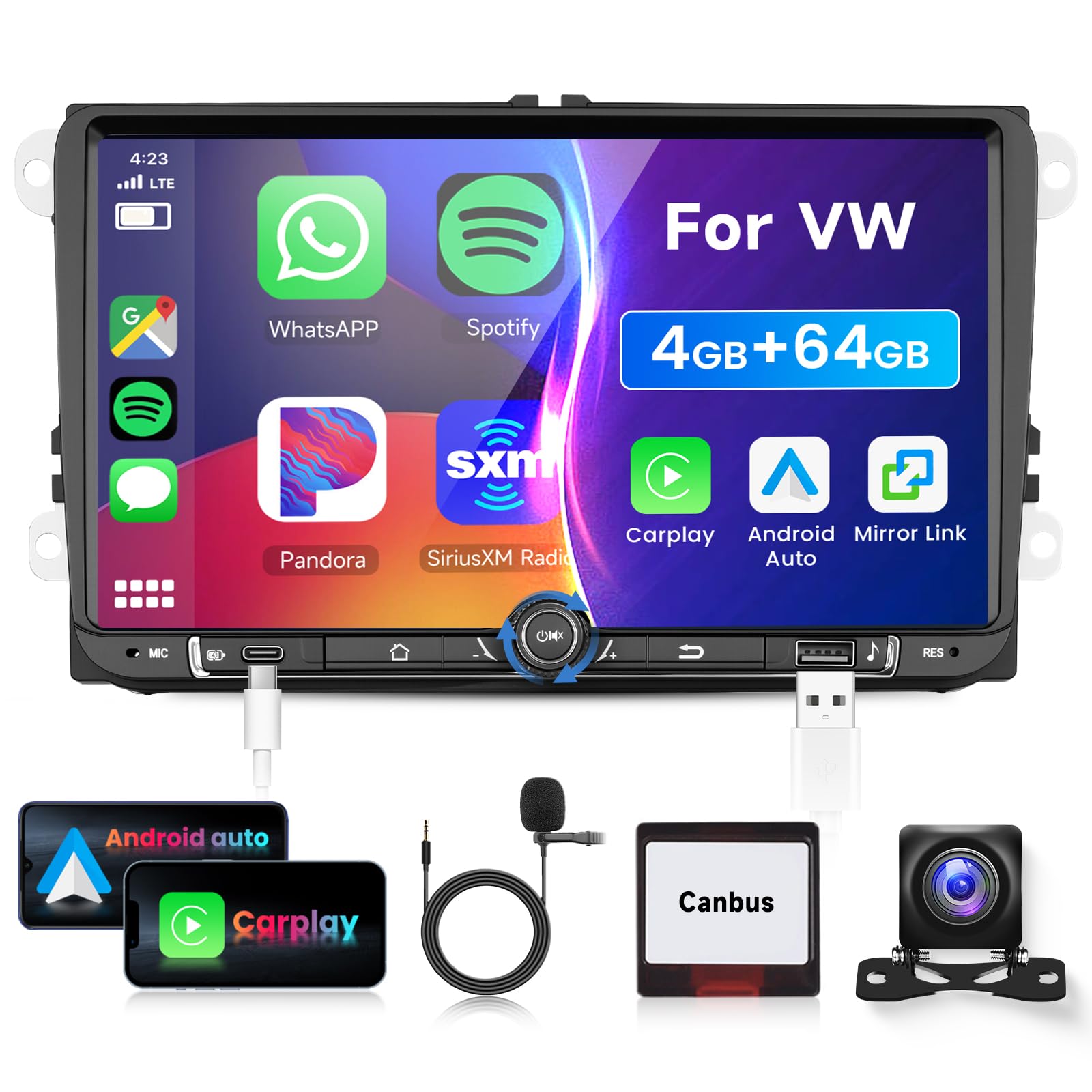 4G/64G VECHTEL 9" Autoradio pour VW Golf 5/6 Polo Passat Skoda Touran Tiguan Seat Carplay Android Auto sans Fil,EQ,WiFi GPS,Mirror Link,RDS/FM Radio 2 Din,Bluetooth Autoradio avec caméra de recul