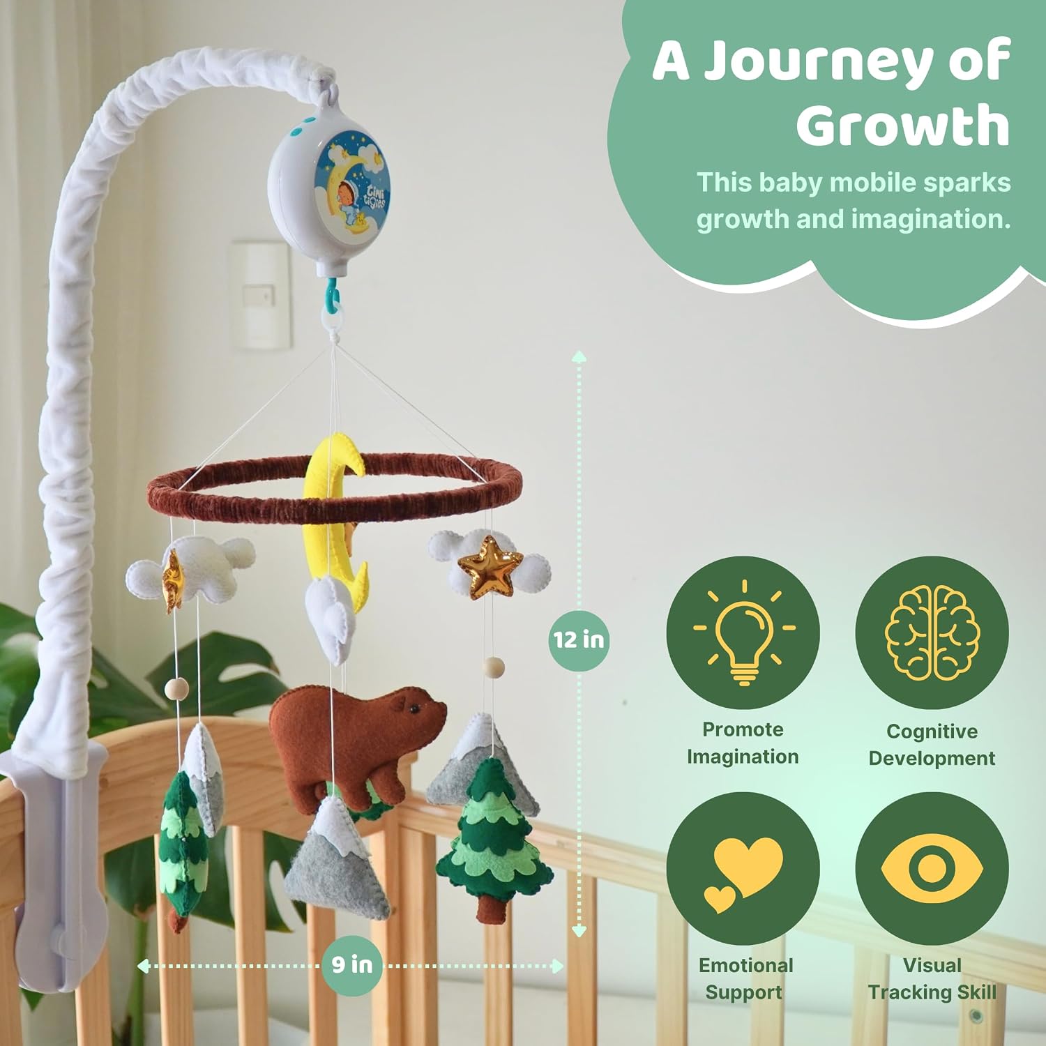 Woodland Baby Mobile for Crib - Bear & Forest Animals Crib Mobile for Boys & Girls - Rotating Musical Mobile with 12 Lullabies - Woodland Nursery Decor Gift