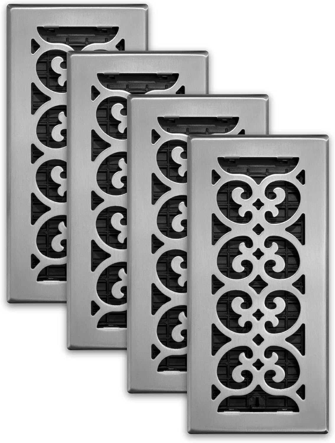 Decor Grates (4-Pack) SPH410-NKL Scroll Design Floor Register, 4x10 Inches, Brushed Nickel Finish