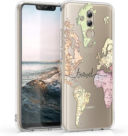 kwmobile Funda para Huawei Mate 20 Lite - Carcasa de [TPU] para m?vil y dise?o de Mapa Mundial en [Negro Transparente]