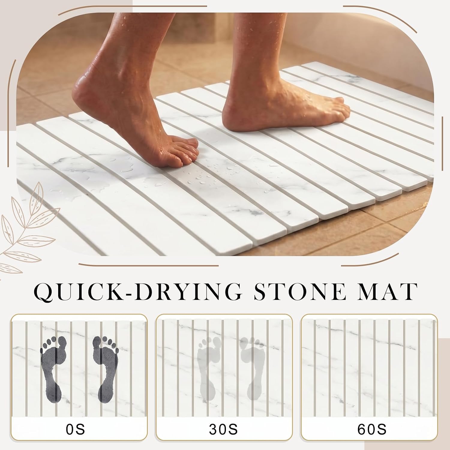 Long Foldable Stone Bath Mat 47.2"x15.4" Large Diatomaceous Earth Bath Mat with Non-Slip Rubber Base Super Absorbent Fast Drying White Marble Mats for Bathroom Kitchen