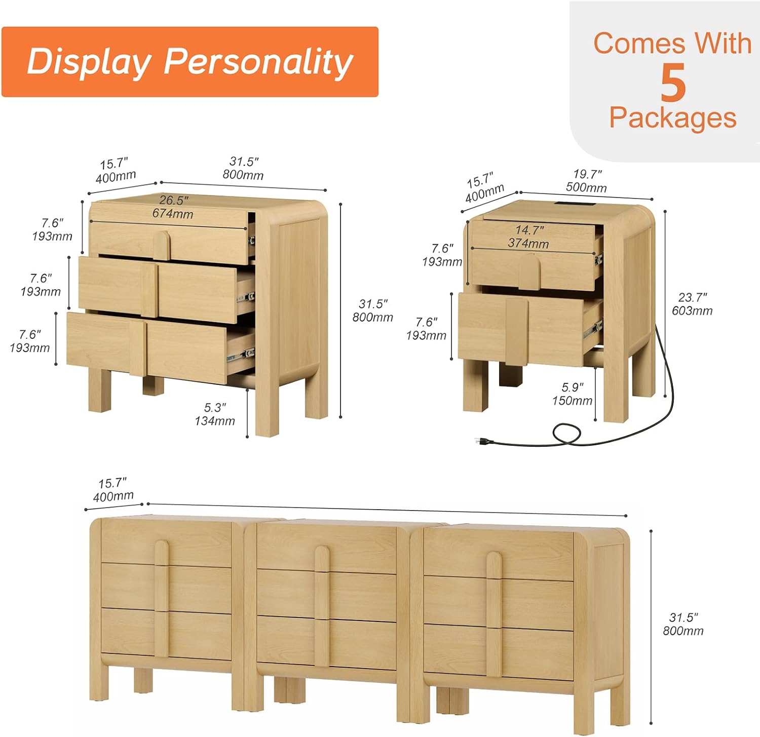 WAMPAT 5 Piece Dresser and Nightstand Sets for Bedroom,Modern 3Pcs 31.5" W 3 Drawer Dresser & Nightstand Set of 2 with Charging Station for Bedroom, Curved Profile Design, Oak